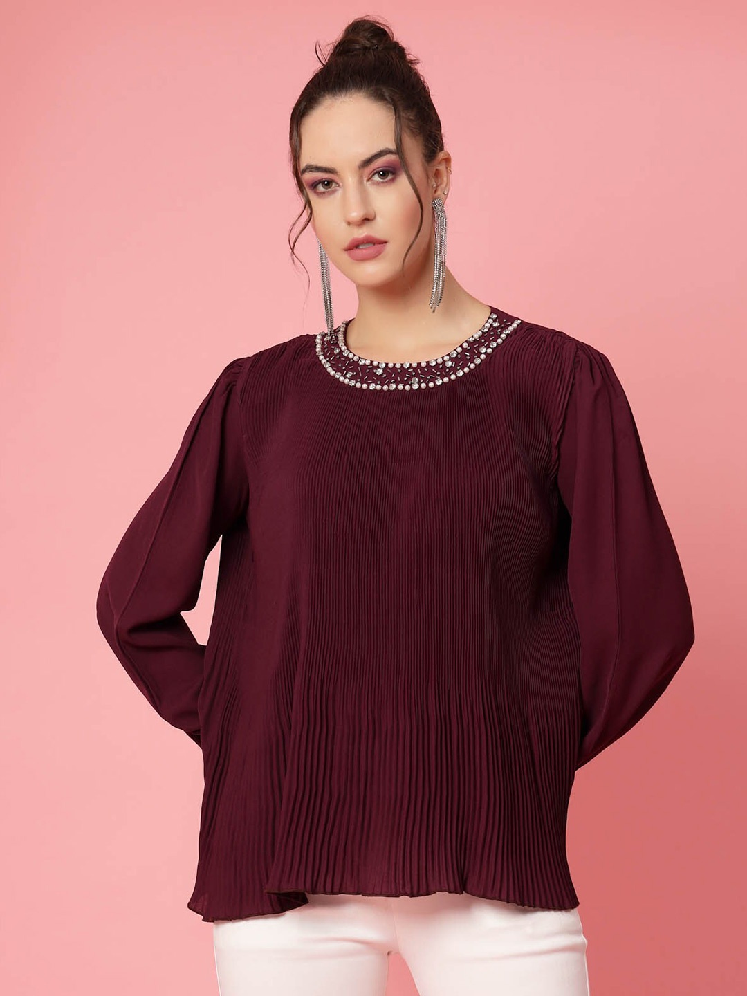 

plusS Burgundy Puff Sleeves Accordion Pleats Regular Top