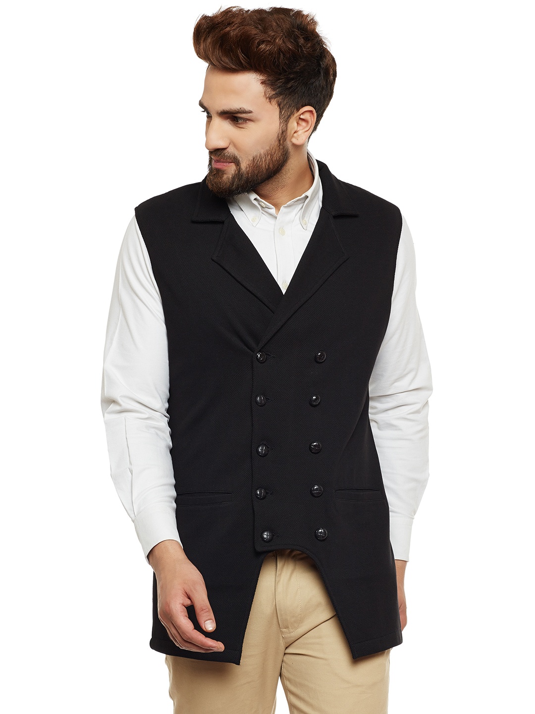 

Hypernation Men Black Double-Breasted Pure Cotton Waistcoat