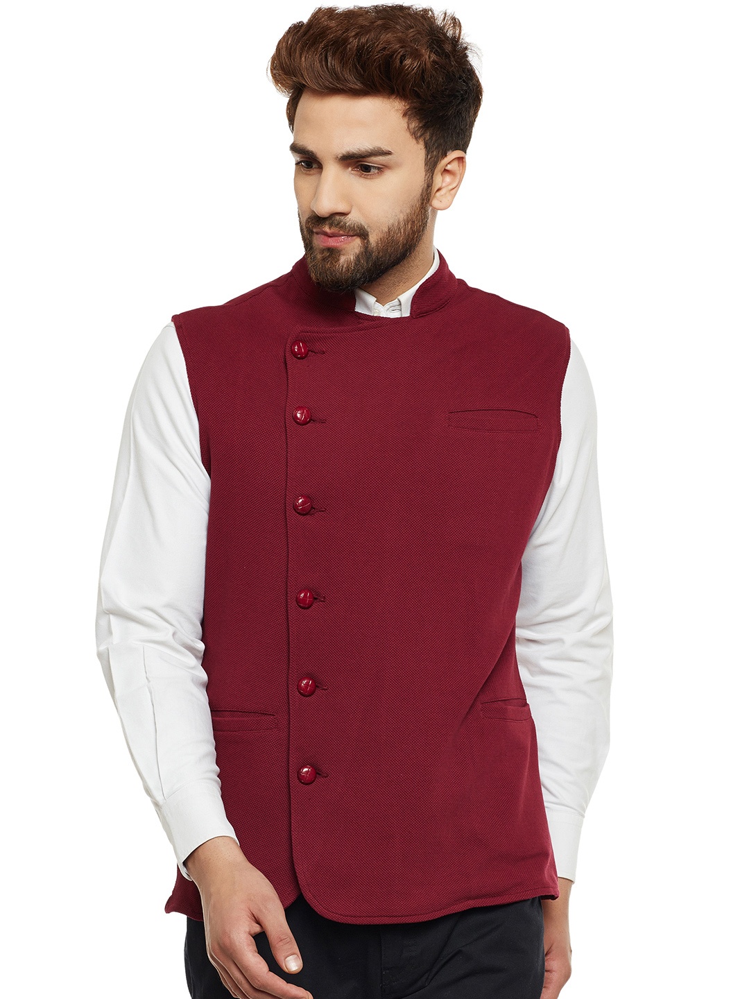 

Hypernation Men Maroon Double-Breasted Nehru Jacket