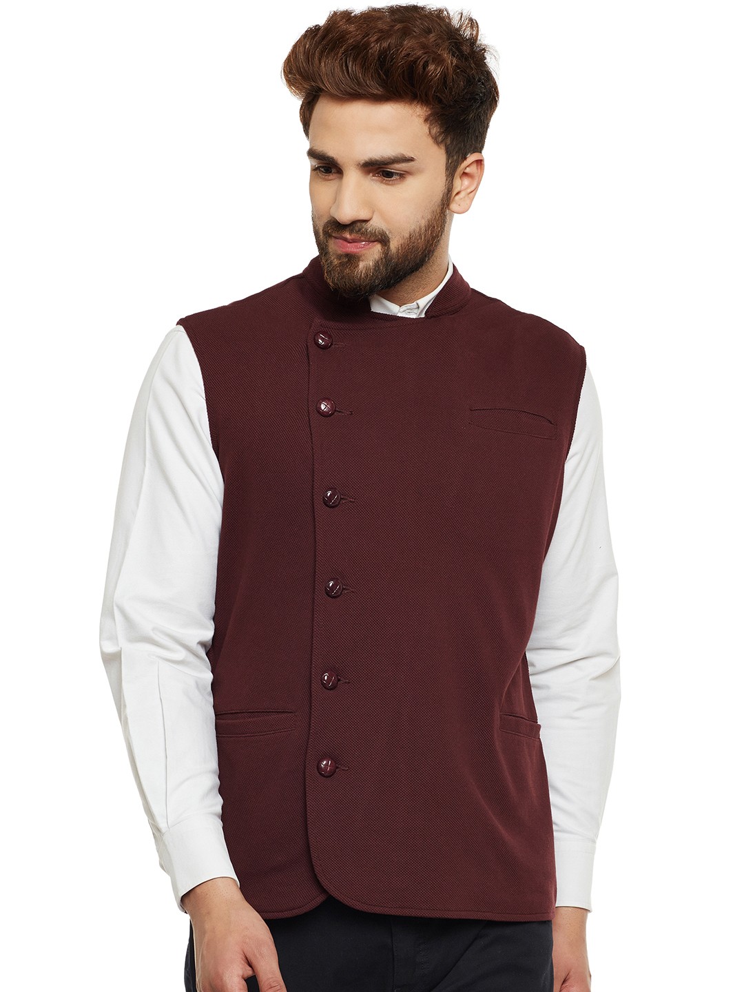 

Hypernation Men Brown Double-Breasted Nehru Jacket