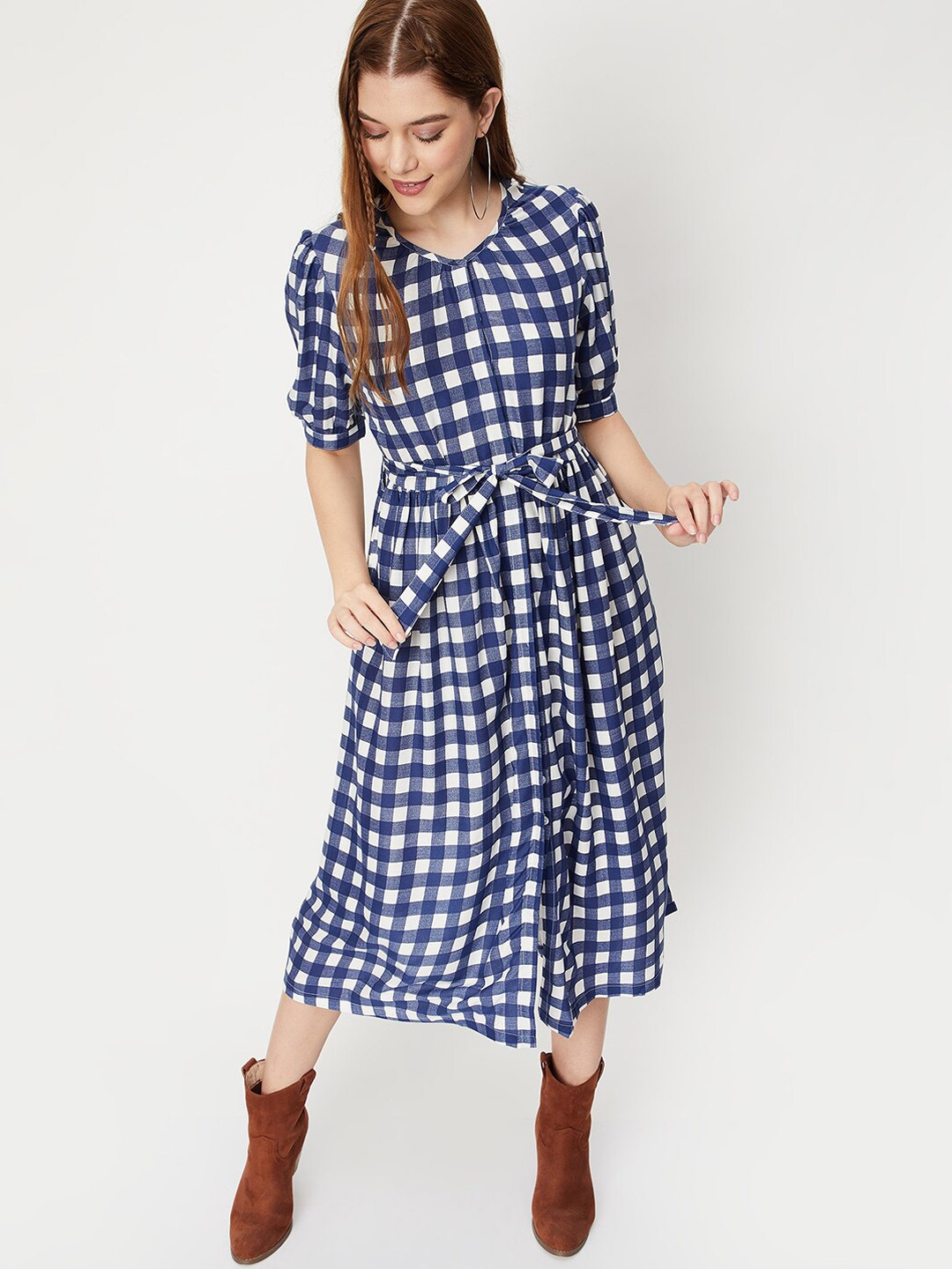 

max Checked Pure Cotton A-Line Dress, Blue