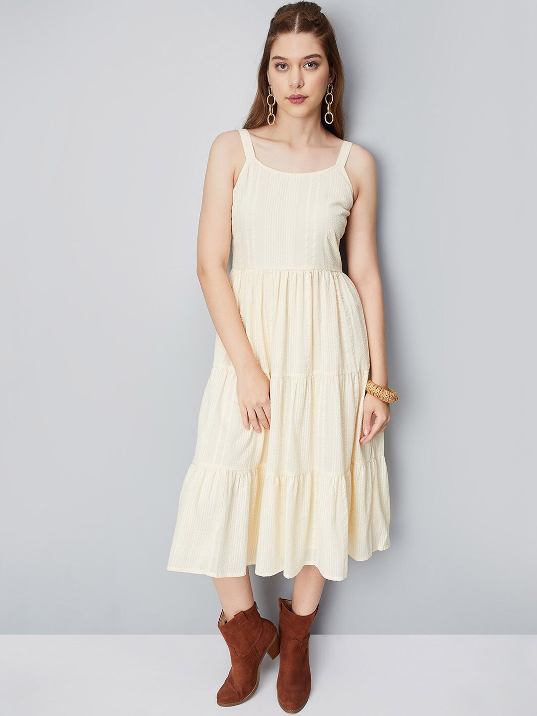 

max Self Design Shoulder Straps Smocked & Gathered Pure Cotton Fit & Flare Tiered Dress, Off white
