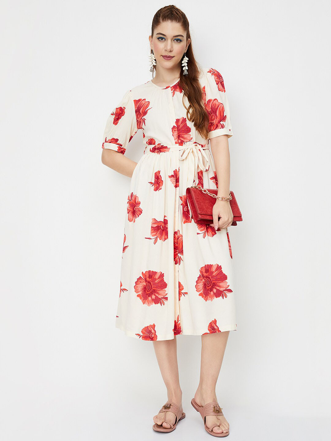 

max Floral Printed Puff Sleeve Tie-Ups A-Line Midi Dress, Off white