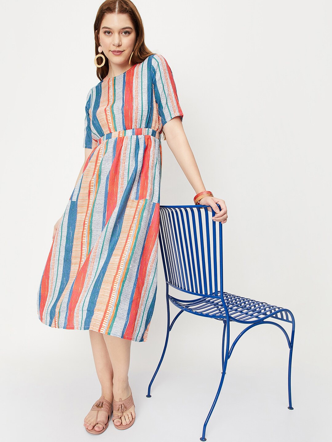 

max Striped Round Neck Gathered A-Line Dress, Blue