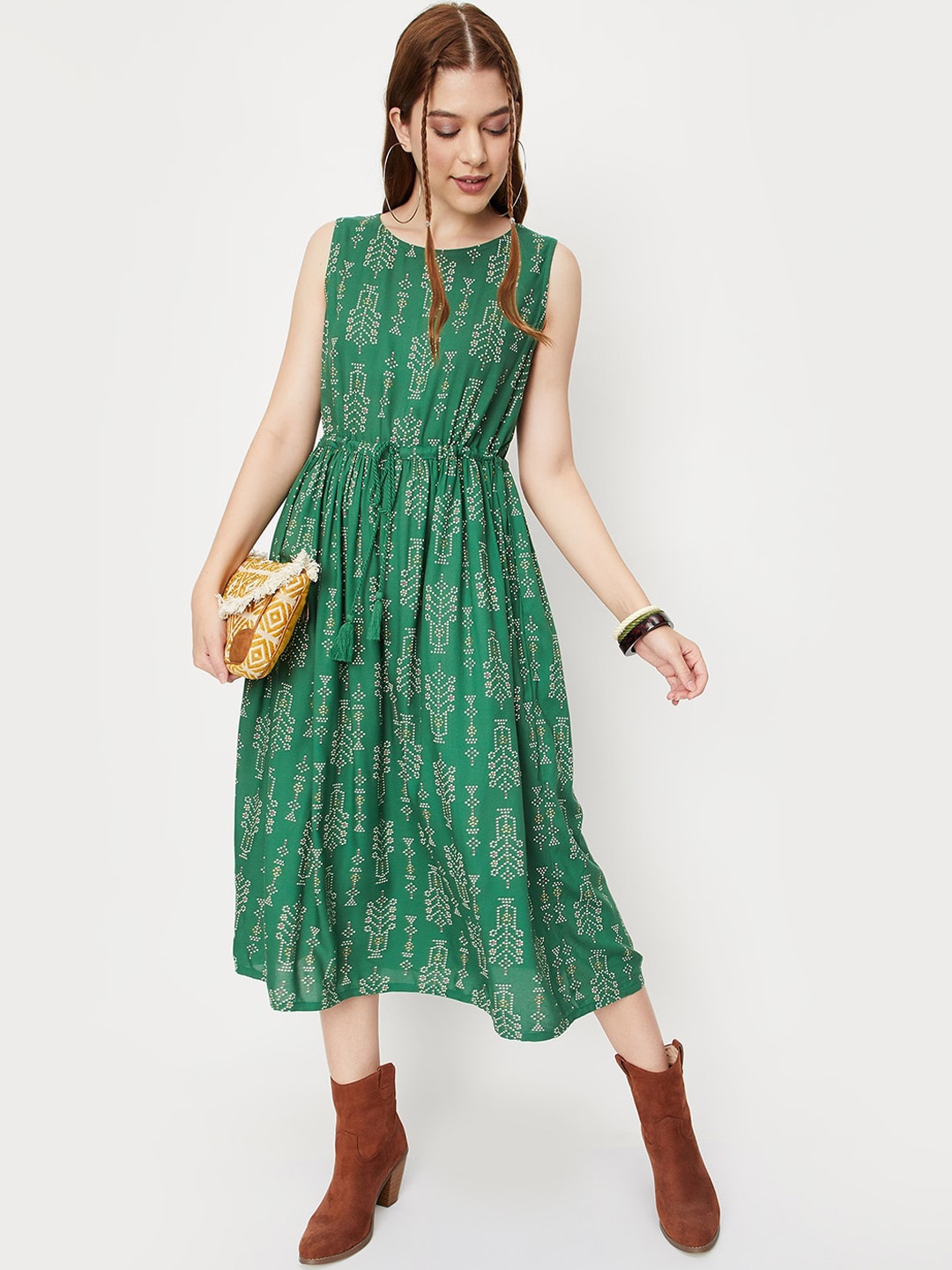 

max Geometric Printed Tie-Ups Fit & Flare Midi Dress, Green