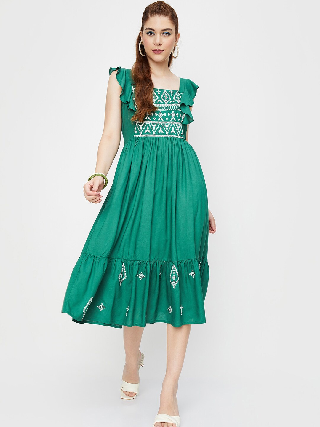 

max Ethnic Motifs Embroidered Flutter Sleeve Smocked & Gathered Fit & Flare Dress, Green
