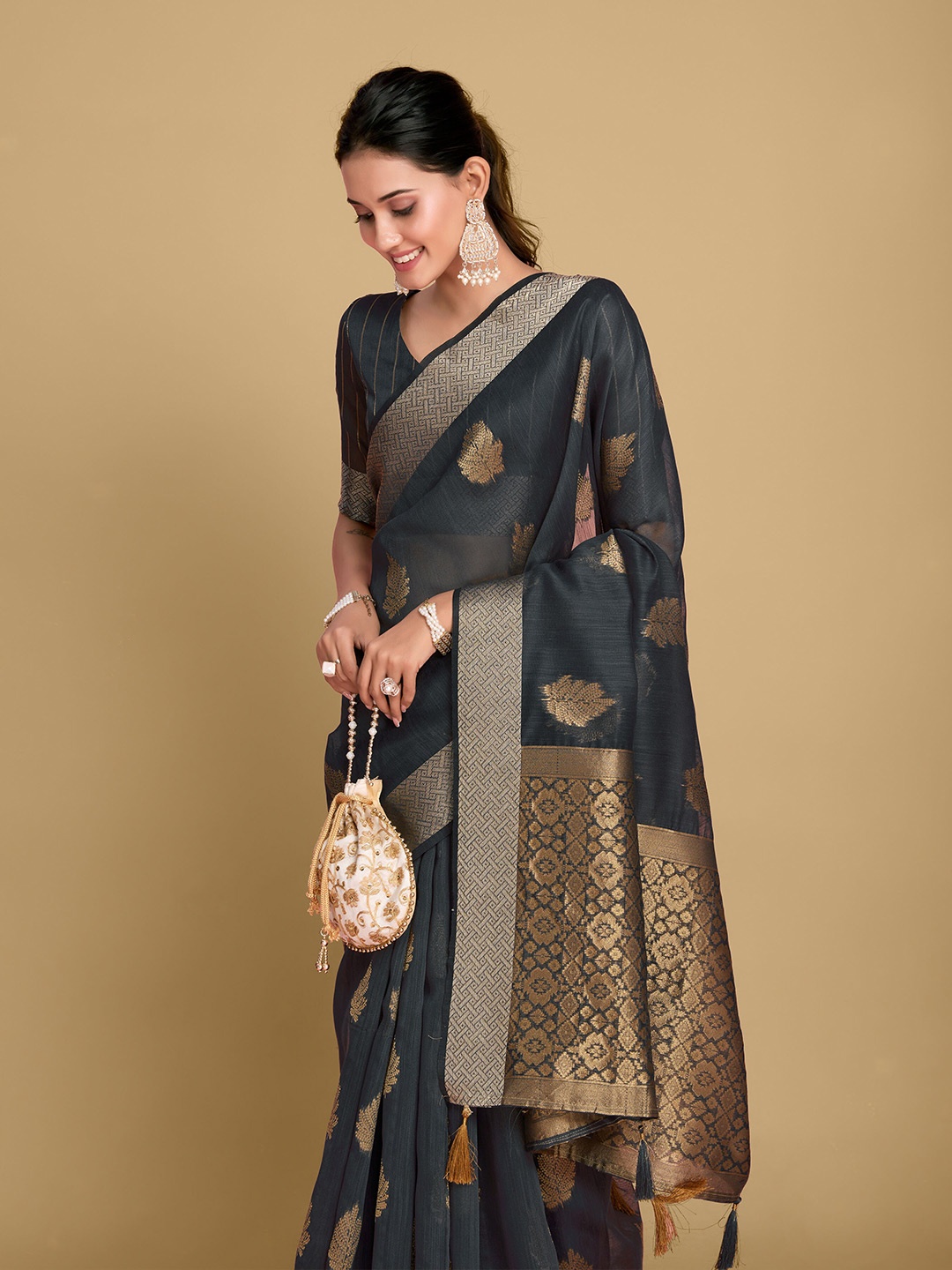 

Sangria Grey Ethnic Motifs Woven Design Zari Saree