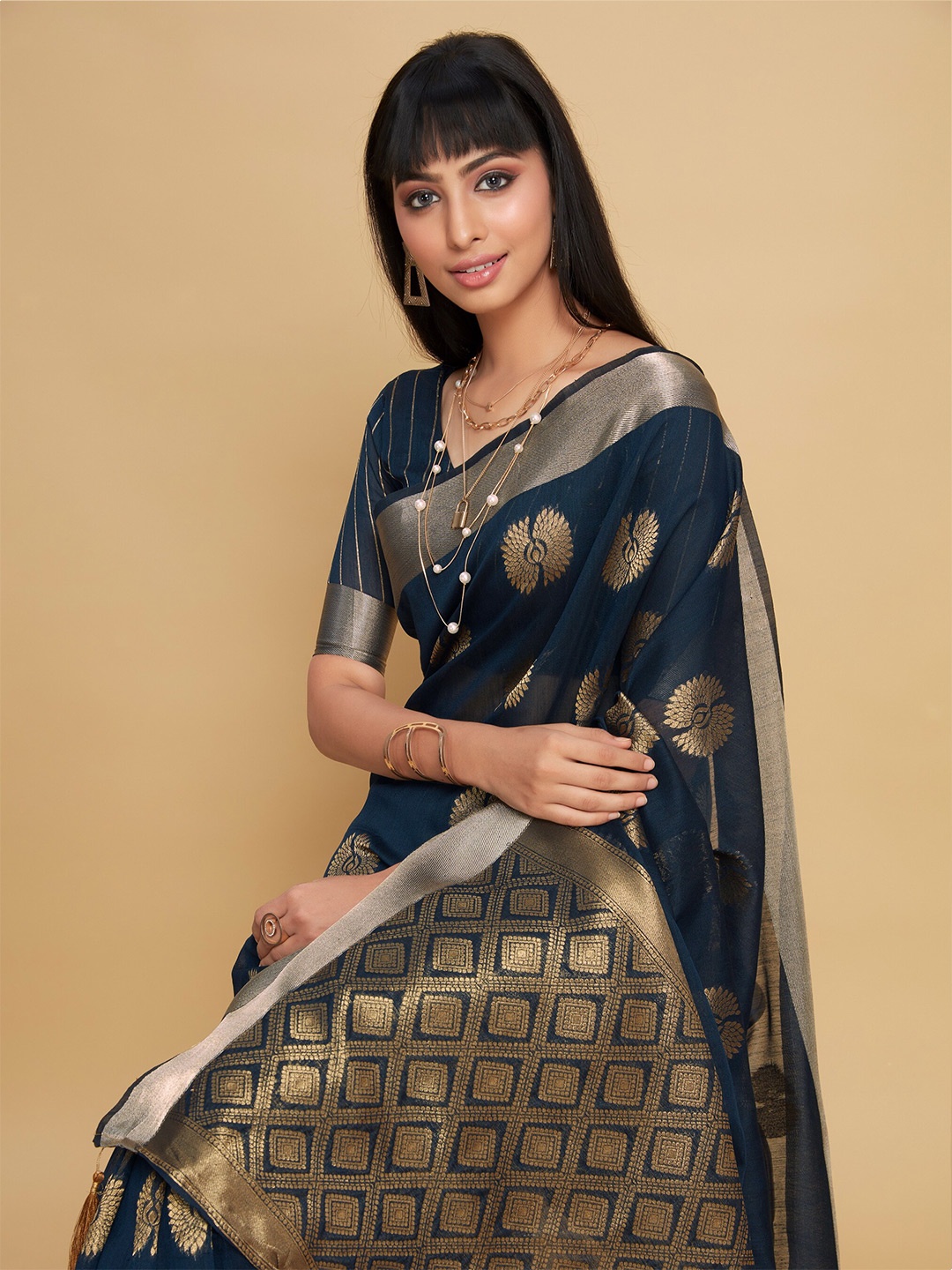 

Sangria Navy Blue Ethnic Motifs Woven Design Zari Saree
