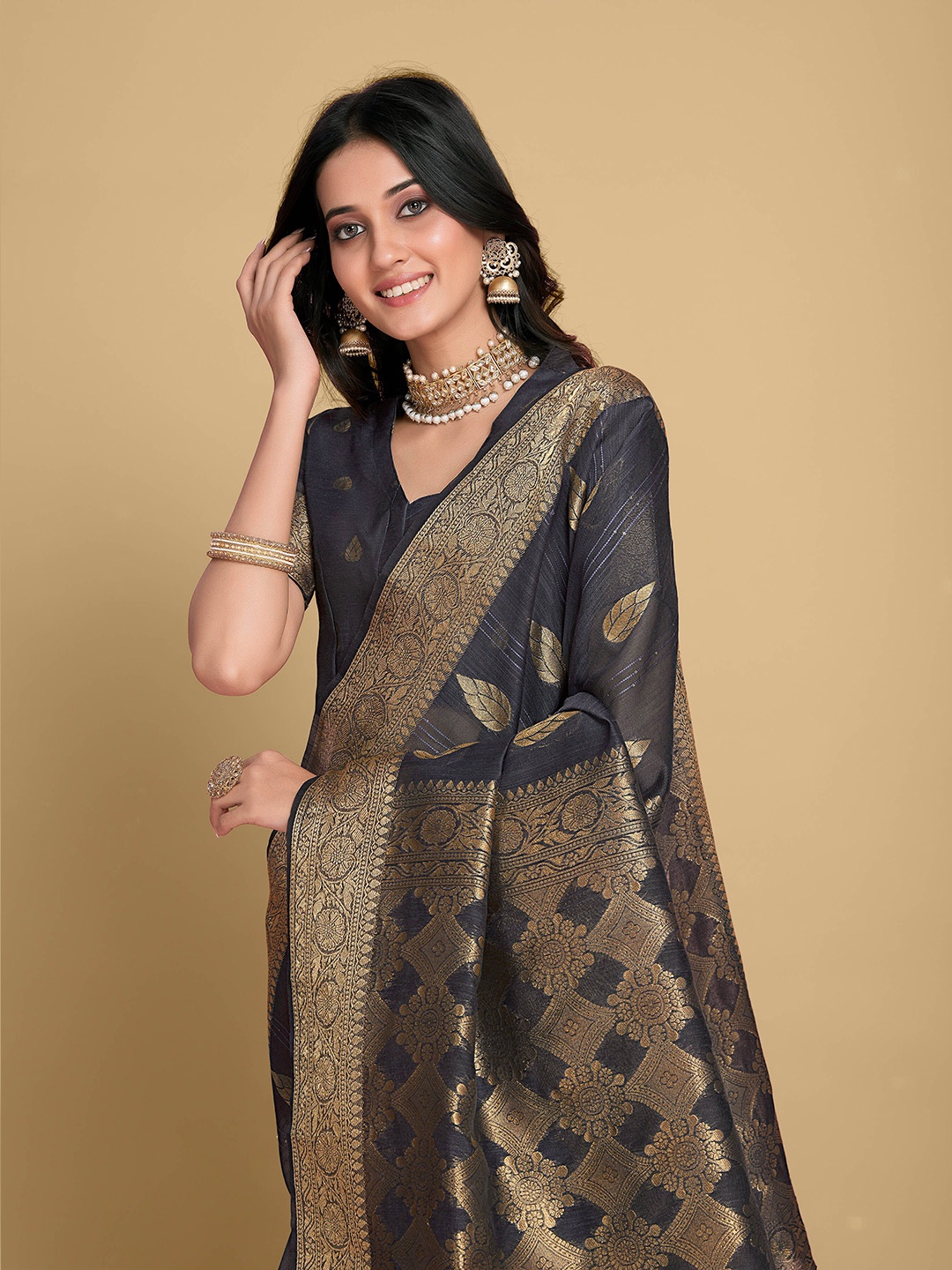 

Sangria Grey Ethnic Motifs Woven Design Zari Saree