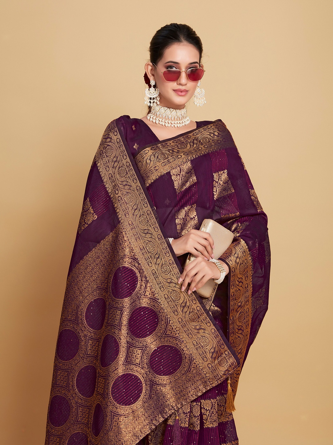 

Sangria Magenta Ethnic Motifs Woven Design Zardozi Saree