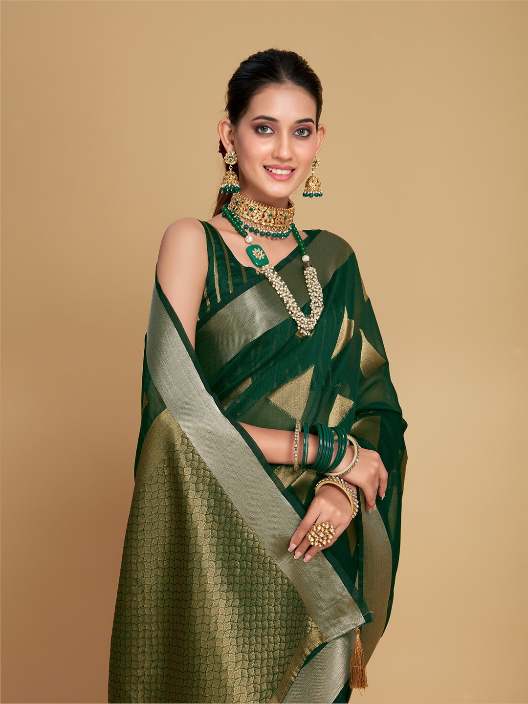 

Sangria Green Ethnic Motifs Woven Design Zari Saree
