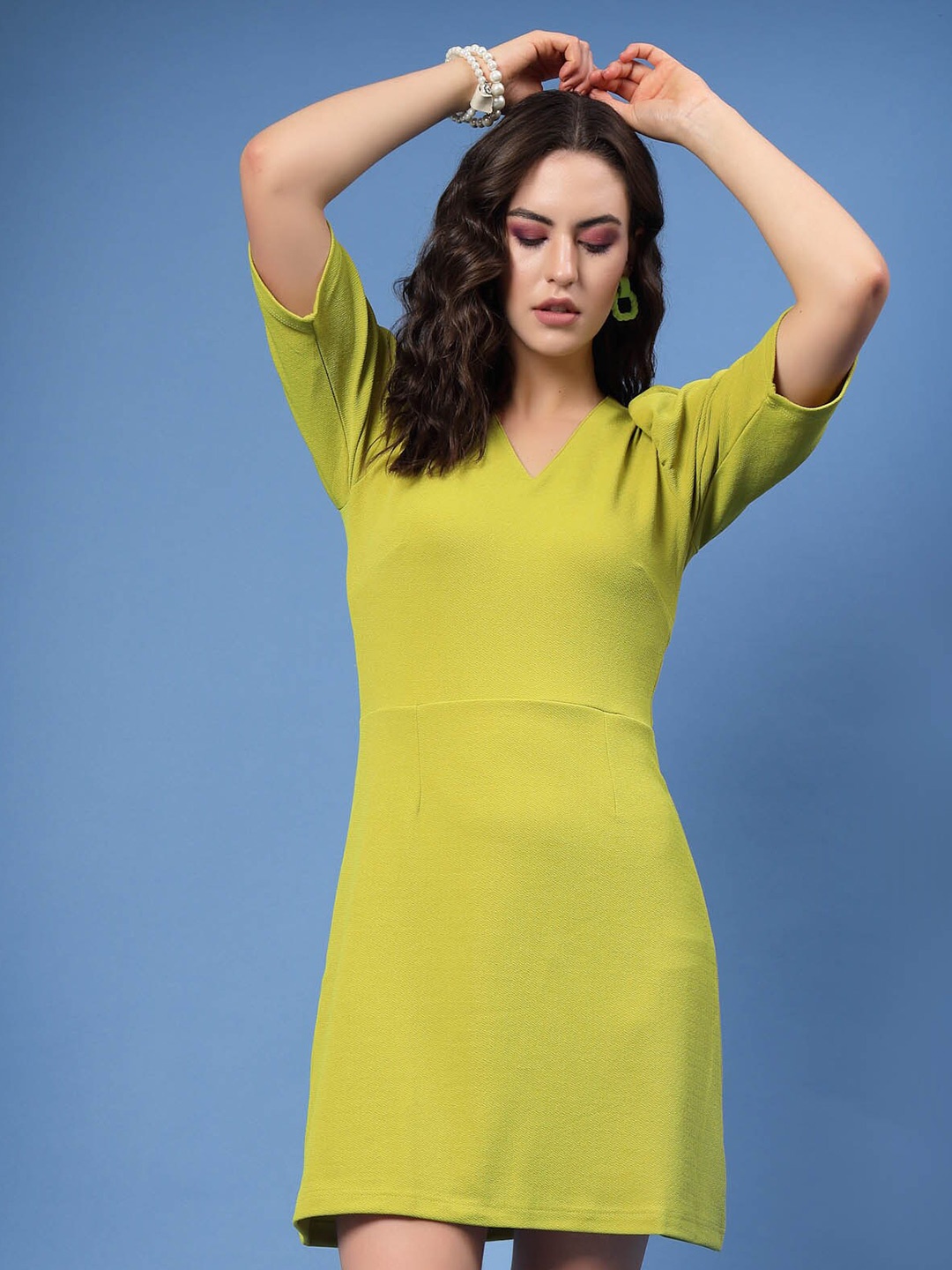 

plusS Lime Green V-Neck Puff Sleeves A-Line Mini Dress