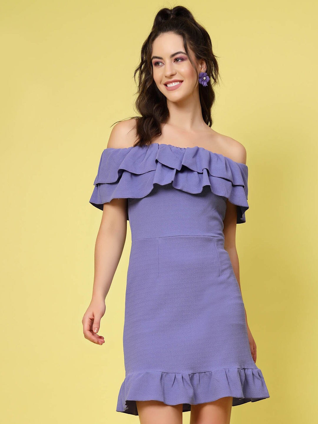 

plusS Purple Off-Shoulder Neck Ruffled Sheath Dress