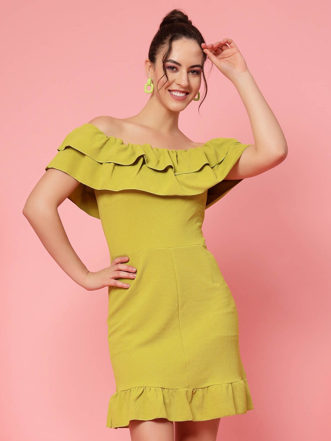 

plusS Mustard Yellow Off-Shoulder Ruffles Sheath Dress