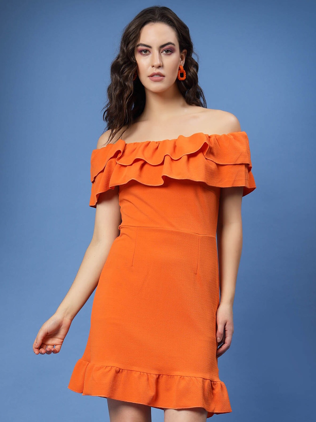 

plusS Orange Off-Shoulder Ruffles Sheath Dress