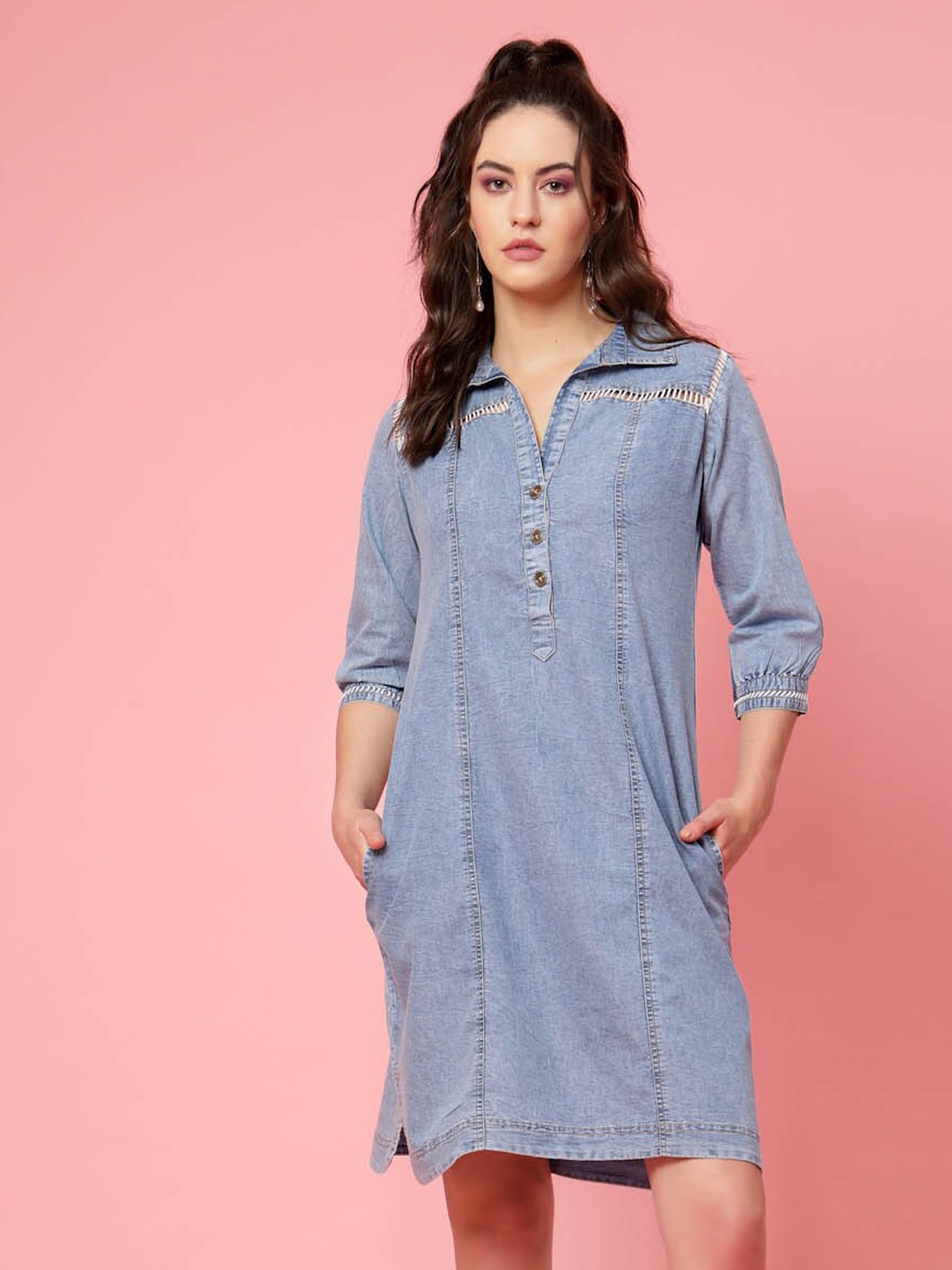 

plusS Blue Shirt Collar Denim Cotton A-Line Dress