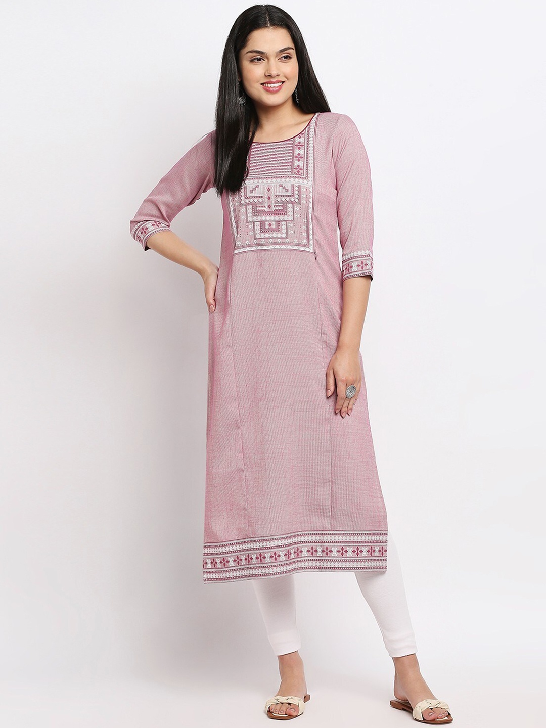 

True Shape Ethnic Motifs Yoke Design Straight Maternity Kurta, Pink