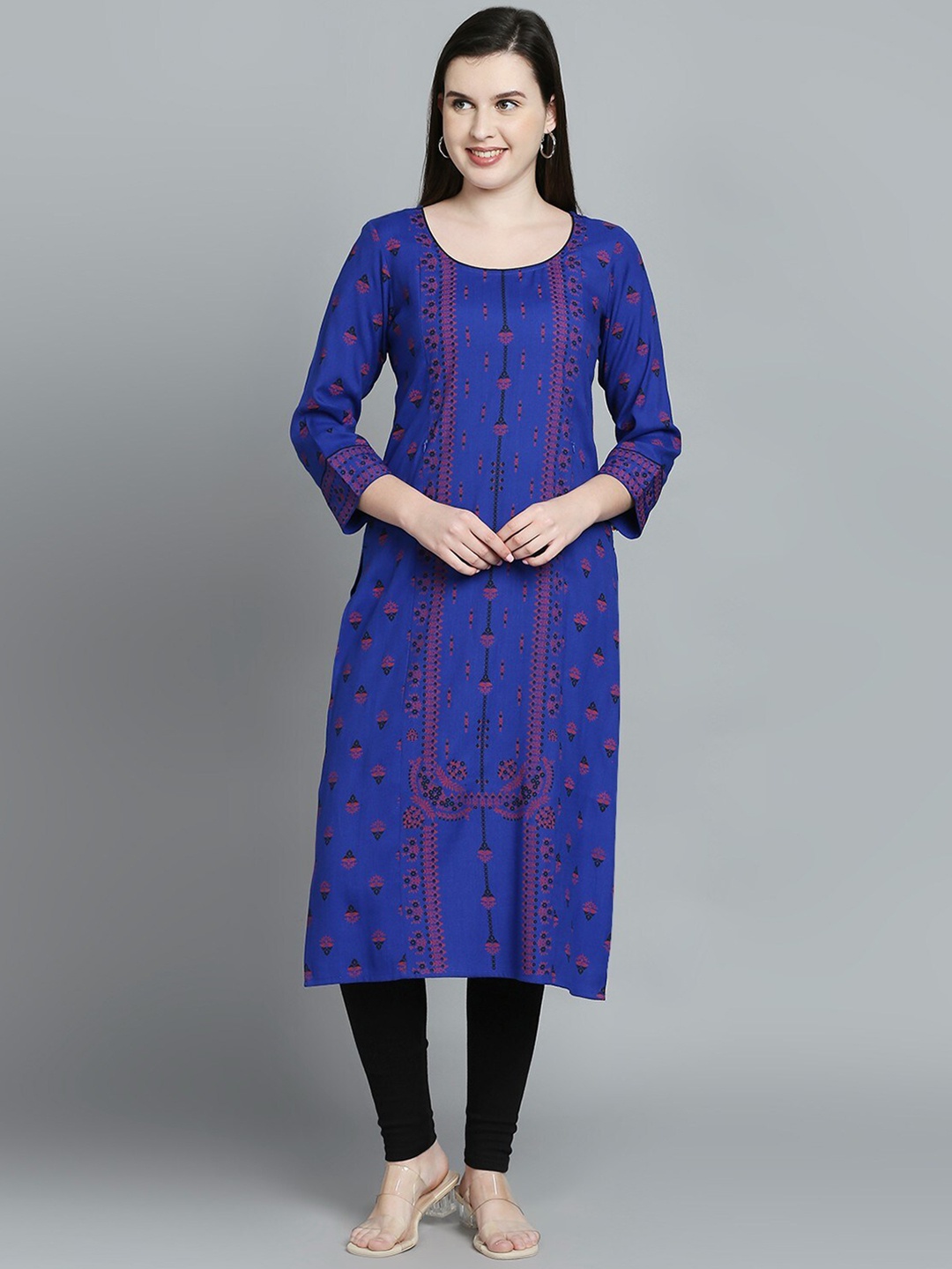 

True Shape Ethnic Motifs Printed Straight Maternity Kurta, Navy blue