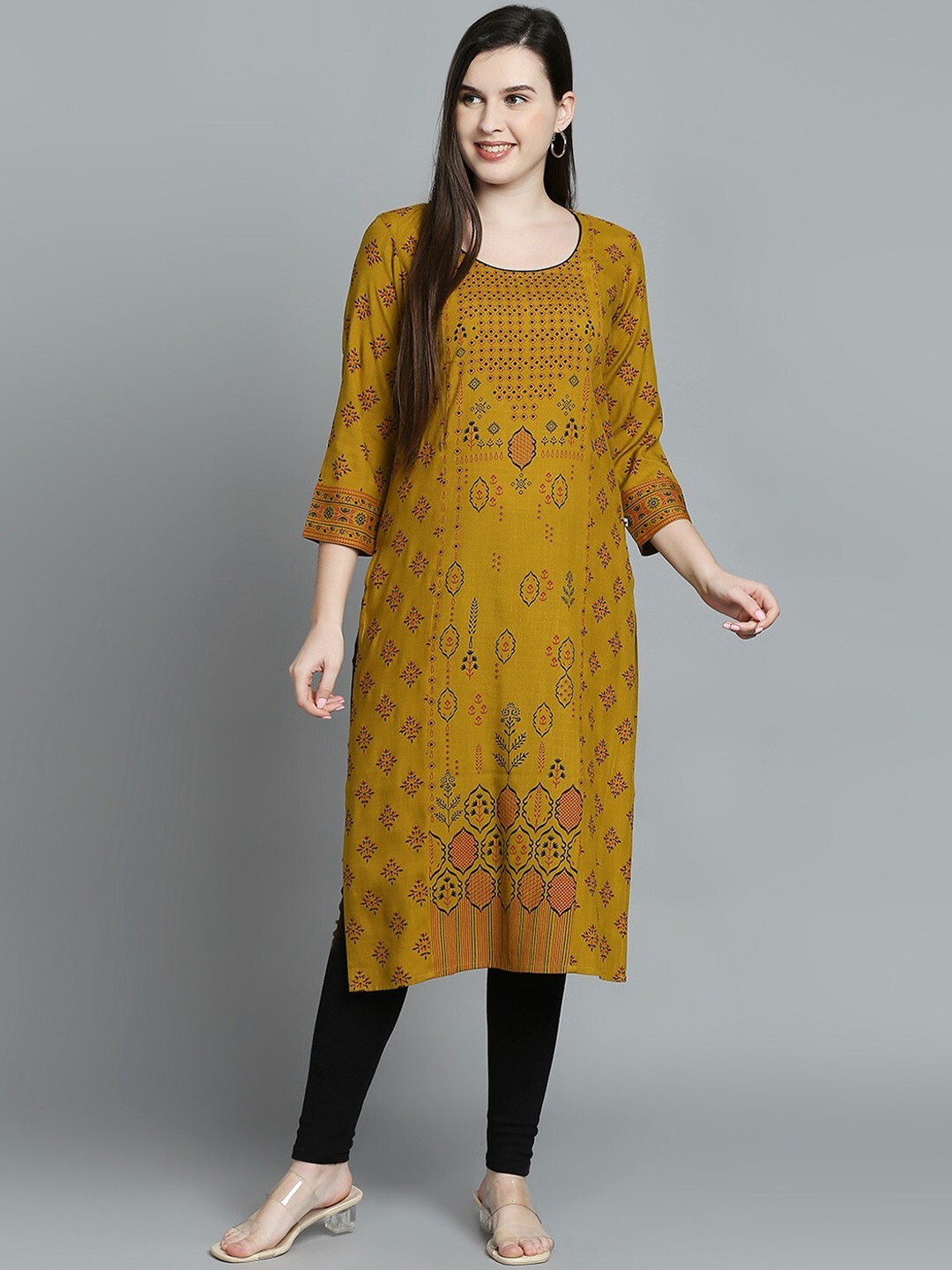 

True Shape Ethnic Motifs Printed Straight Maternity Kurta, Mustard