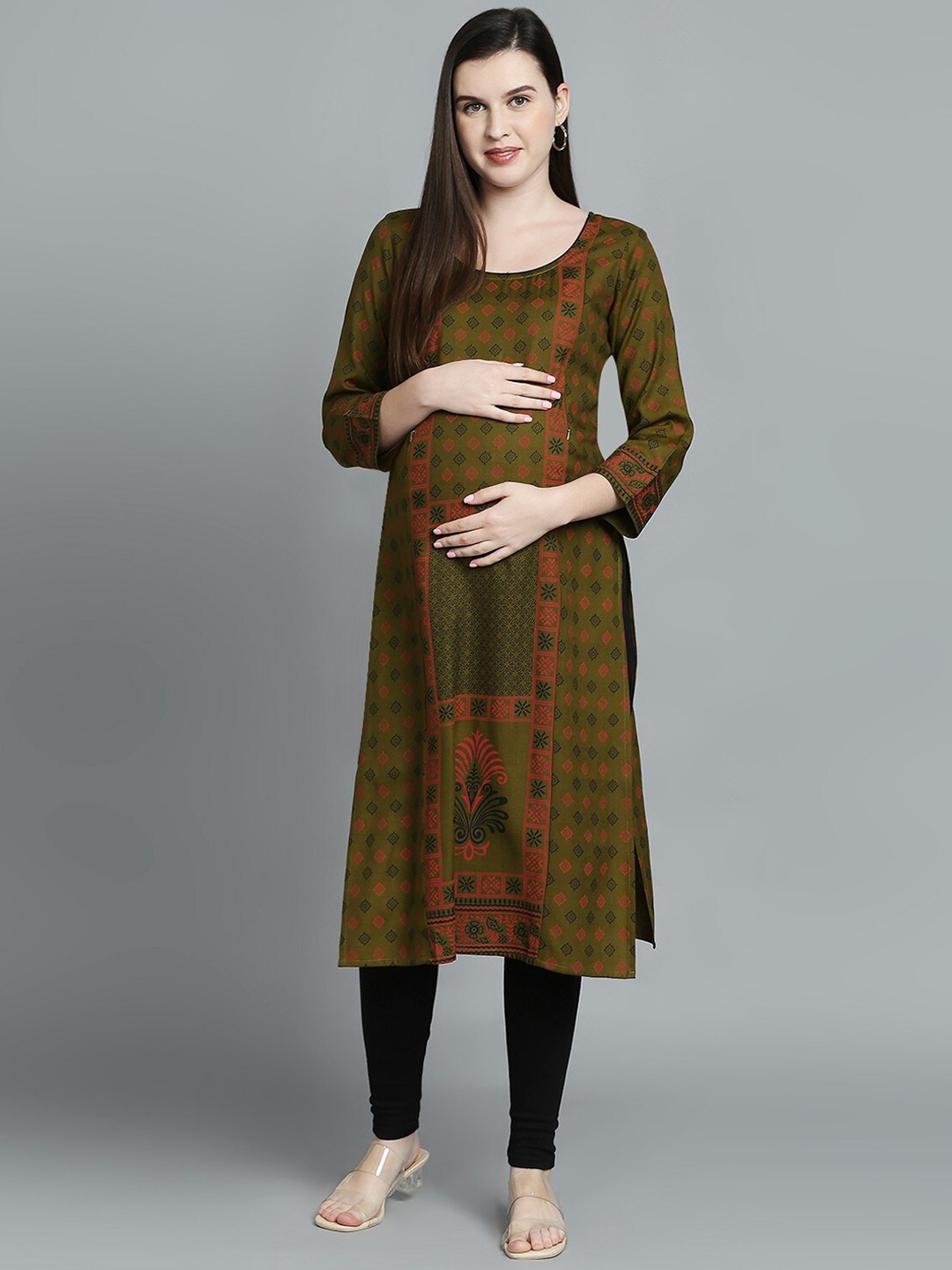 

True Shape Ethnic Motifs Printed Straight Maternity Kurta, Olive