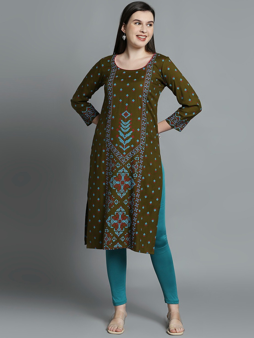 

True Shape Geometric Printed Straight Maternity Kurta, Olive