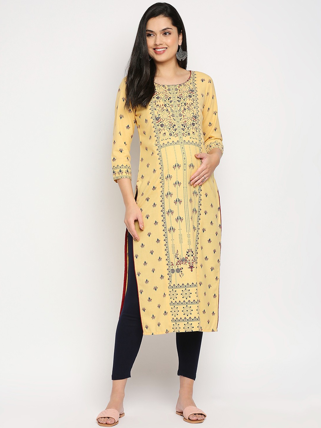 

True Shape Floral Printed Maternity Staright Kurta, Cream