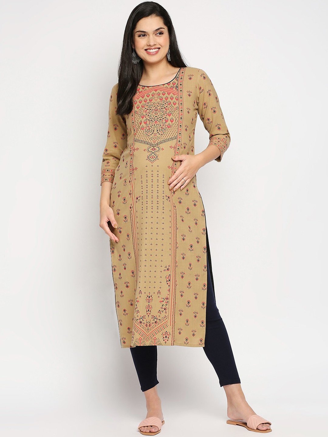 

True Shape Floral Printed Maternity Staright Kurta, Beige