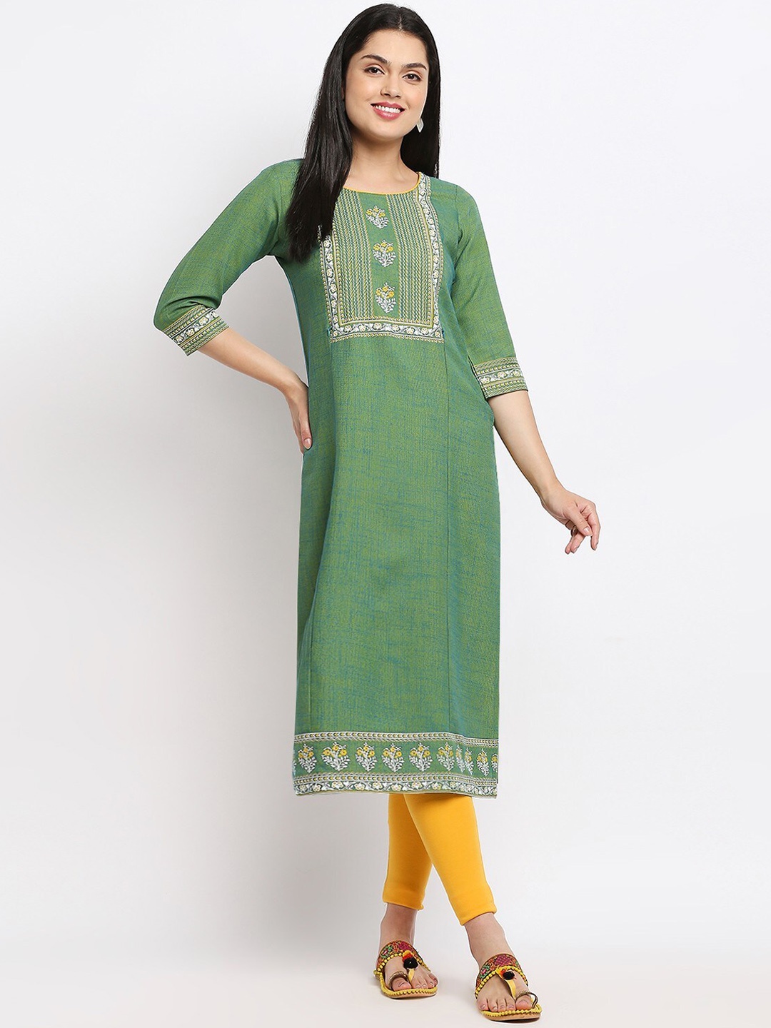 

True Shape Ethnic Motifs Yoke Design Maternity Staright Kurta, Lime green