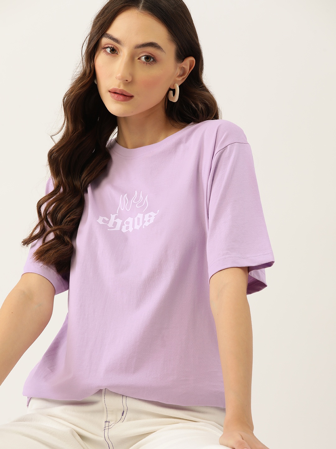 

DressBerry Women Typography Printed Drop-Shoulder Sleeves Pure Cotton Loose T-shirt, Lavender