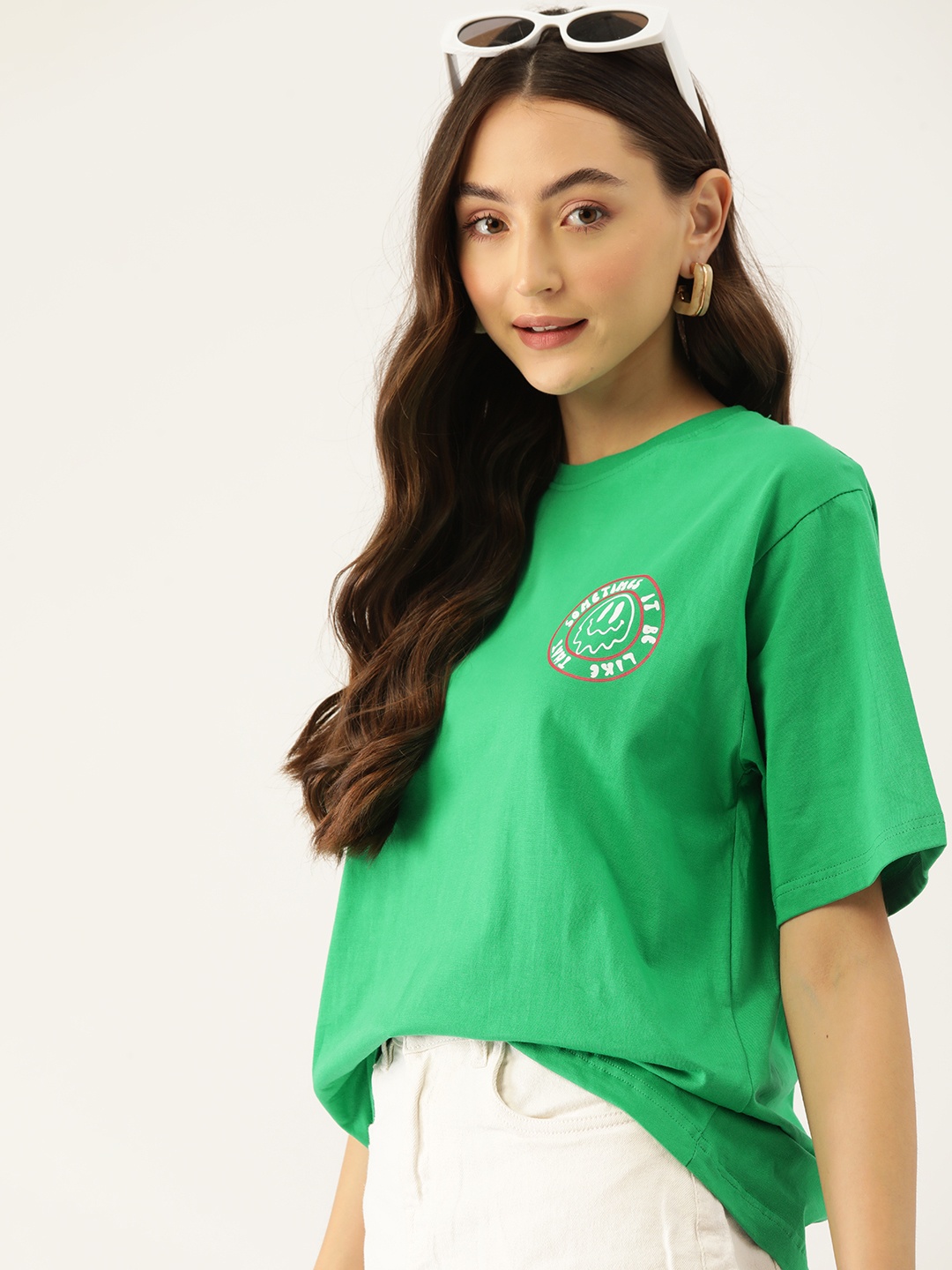 

DressBerry Women Printed Drop-Shoulder Sleeves Pure Cotton Loose T-shirt, Green