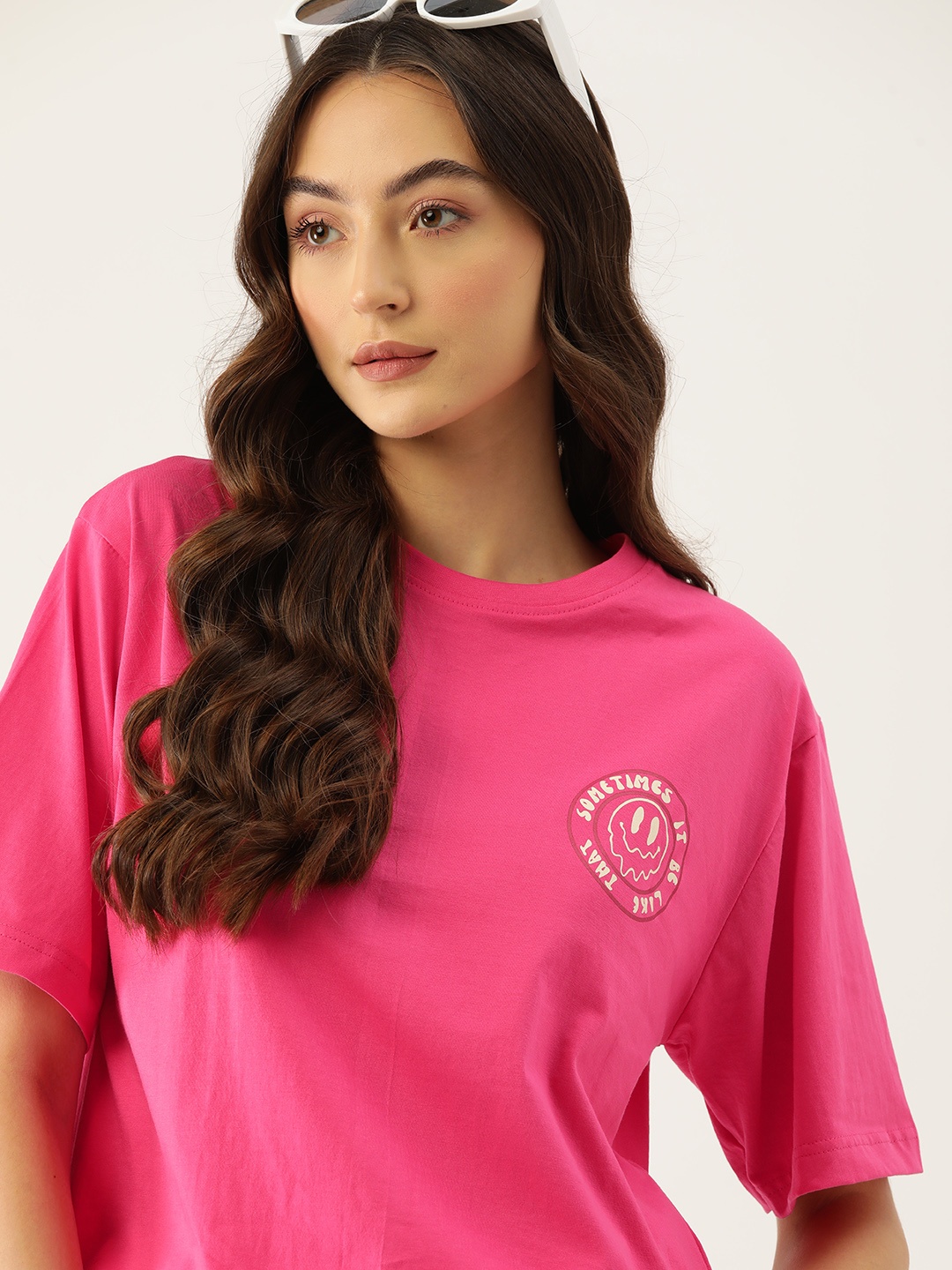 

DressBerry Women Printed Drop-Shoulder Sleeves Pure Cotton Loose T-shirt, Pink