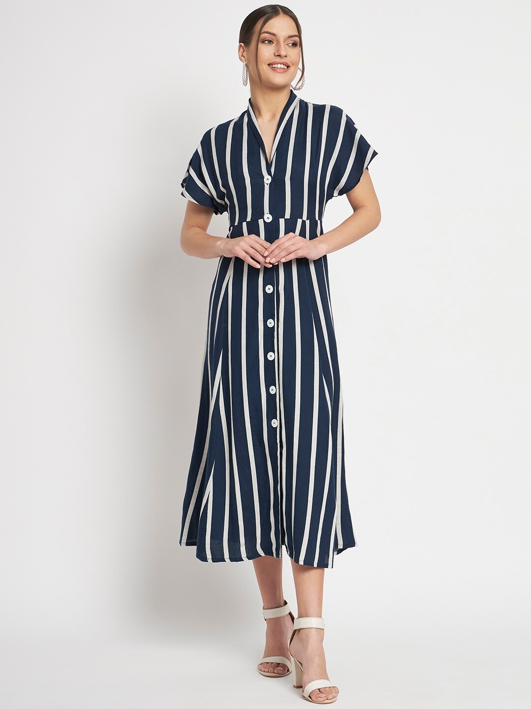 

HERE&NOW Vertical Striped Extended Sleeves Shirt Midi Dress, Navy blue