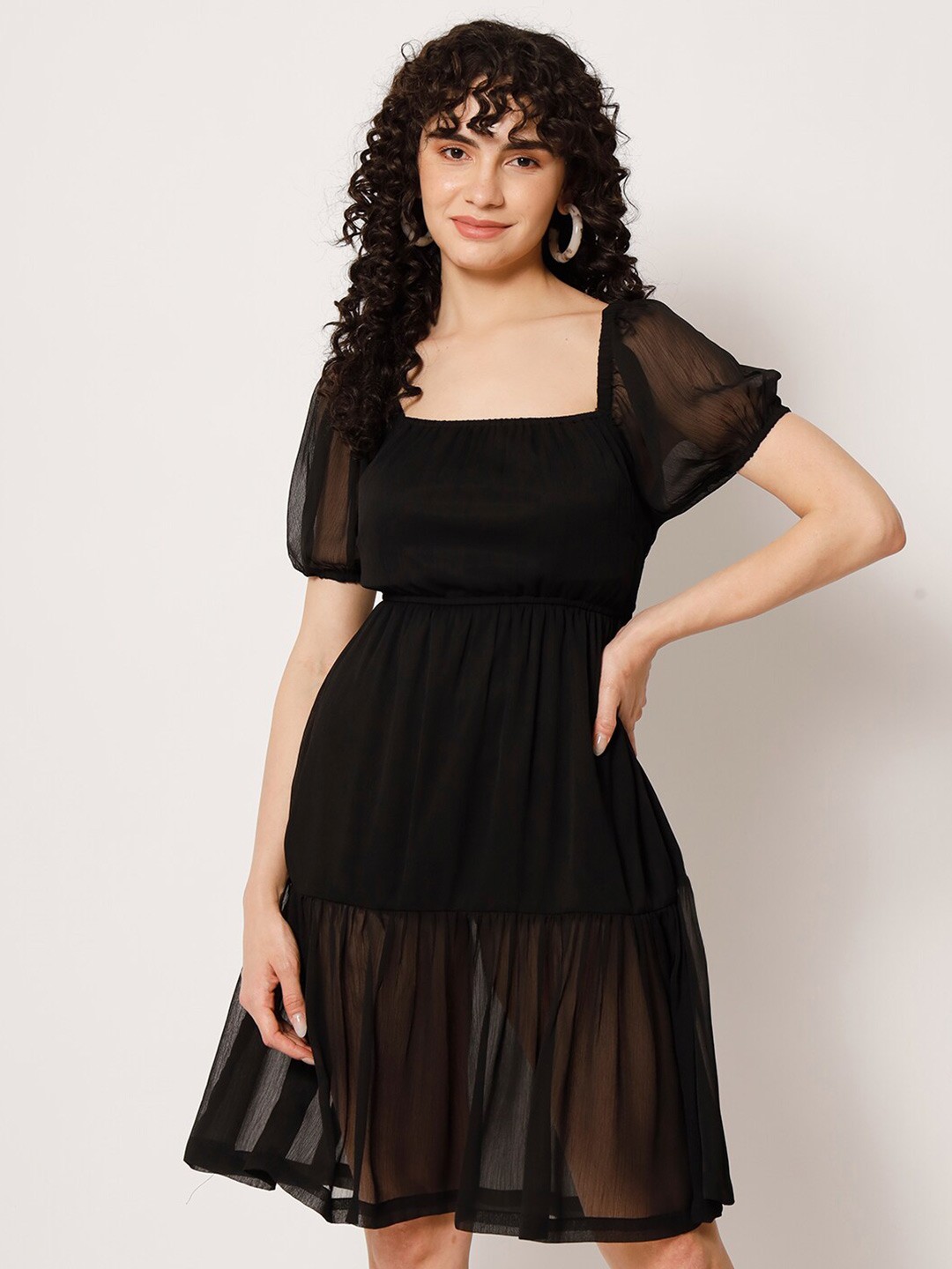 

HERE&NOW Square Neck Puff Sleeves Georgette Fit & Flare Dress, Black