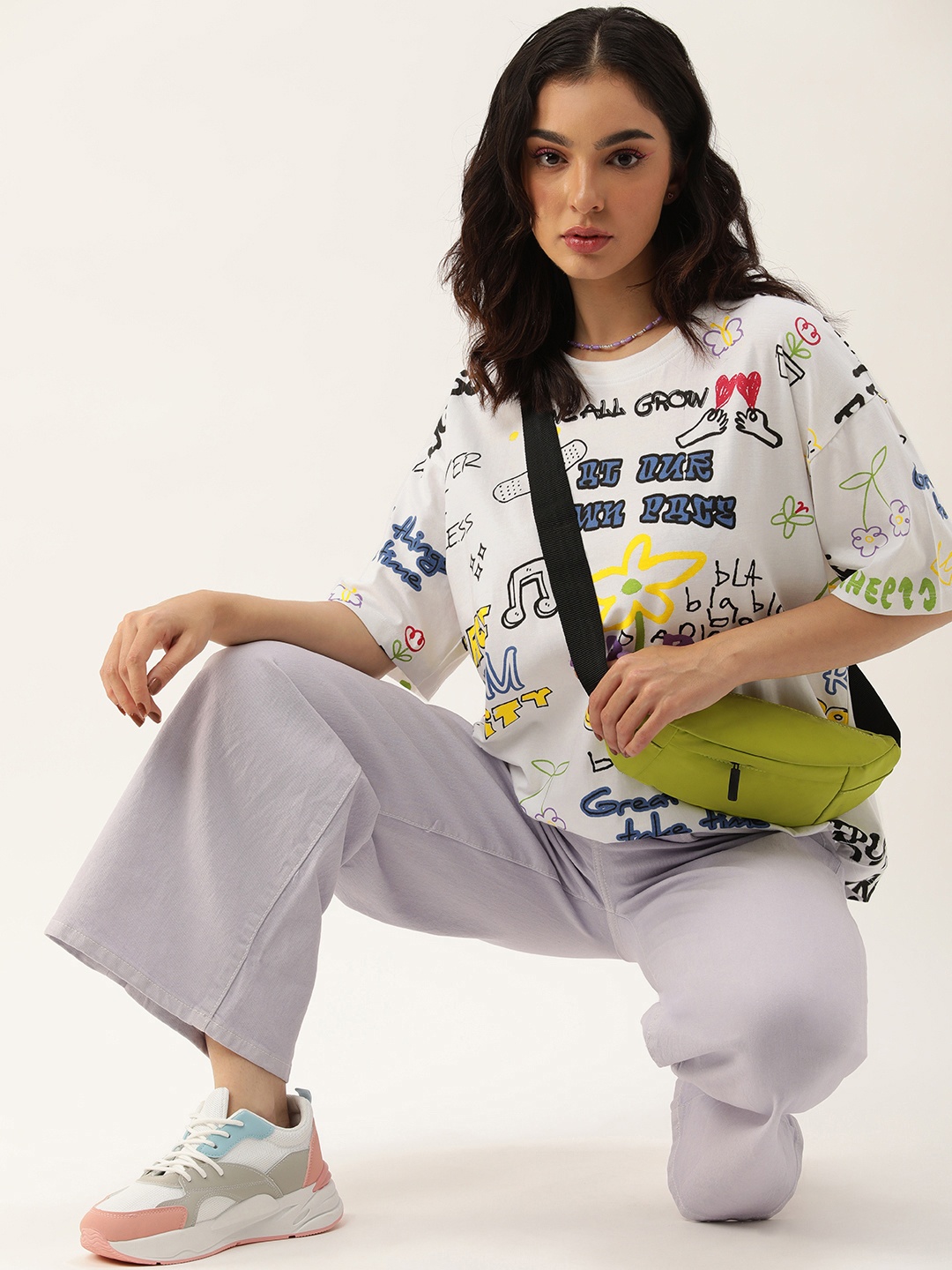 

Kook N Keech Printed Drop-Shoulder Sleeves Oversized Longline Pure Cotton T-shirt, Multi