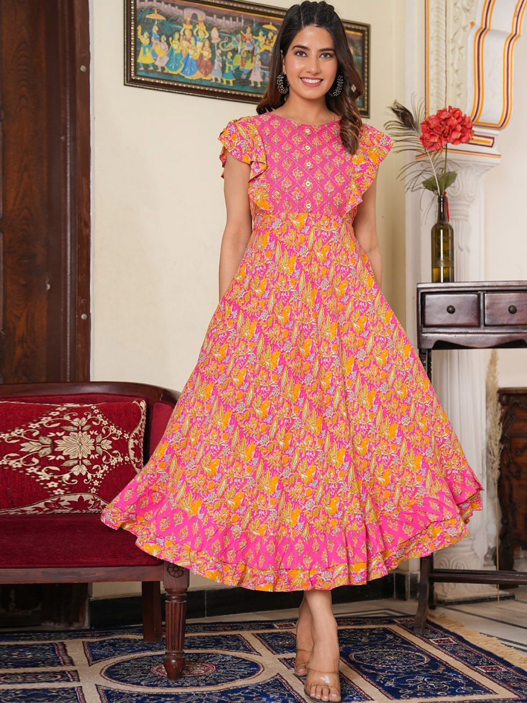 

YASH GALLERY Floral Printed Flared Sleeves Fit And Flare MIdi Ethnic Dresses, Pink
