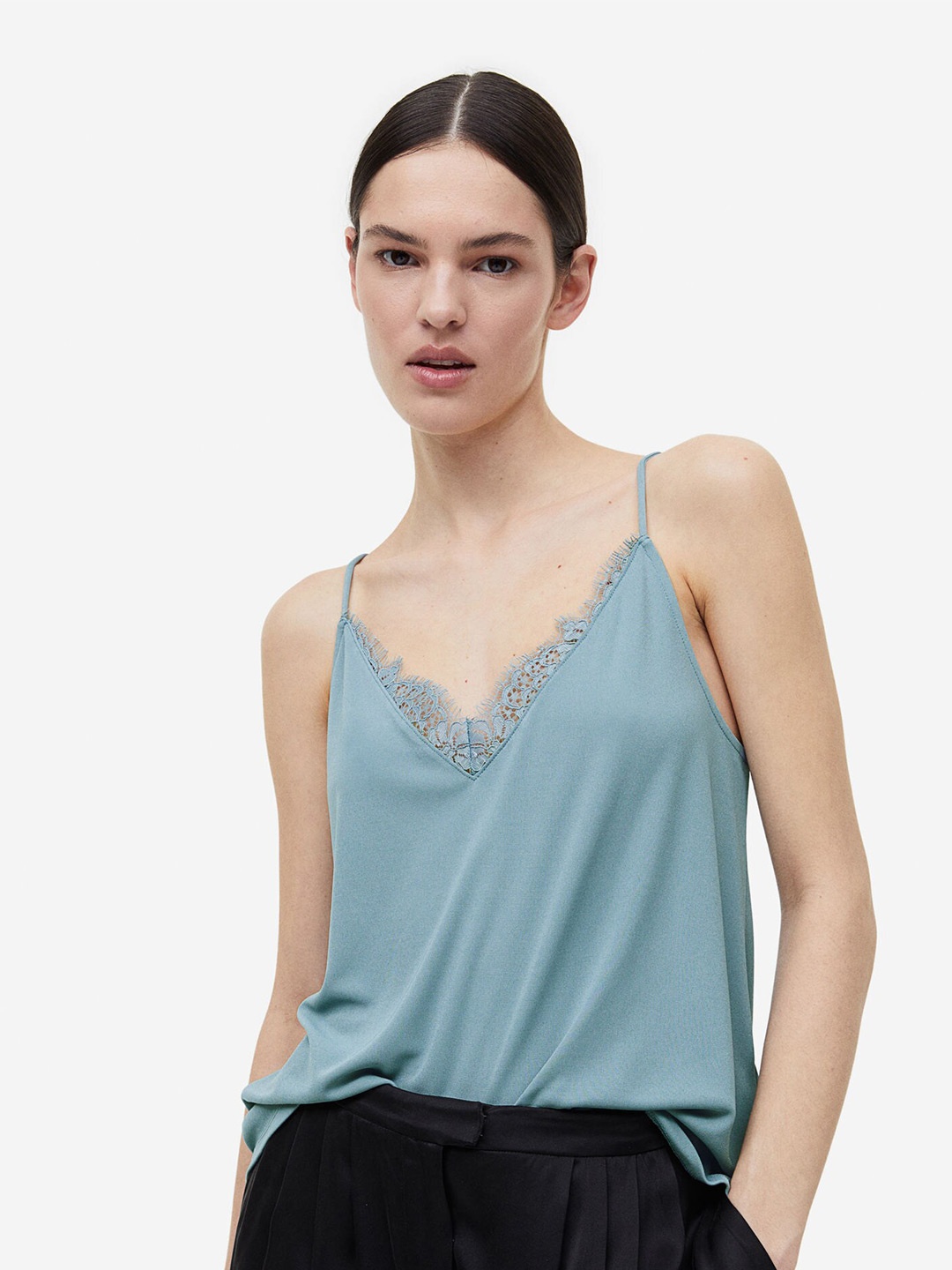 

H&M Lace Trimmed Cami Top, Turquoise blue