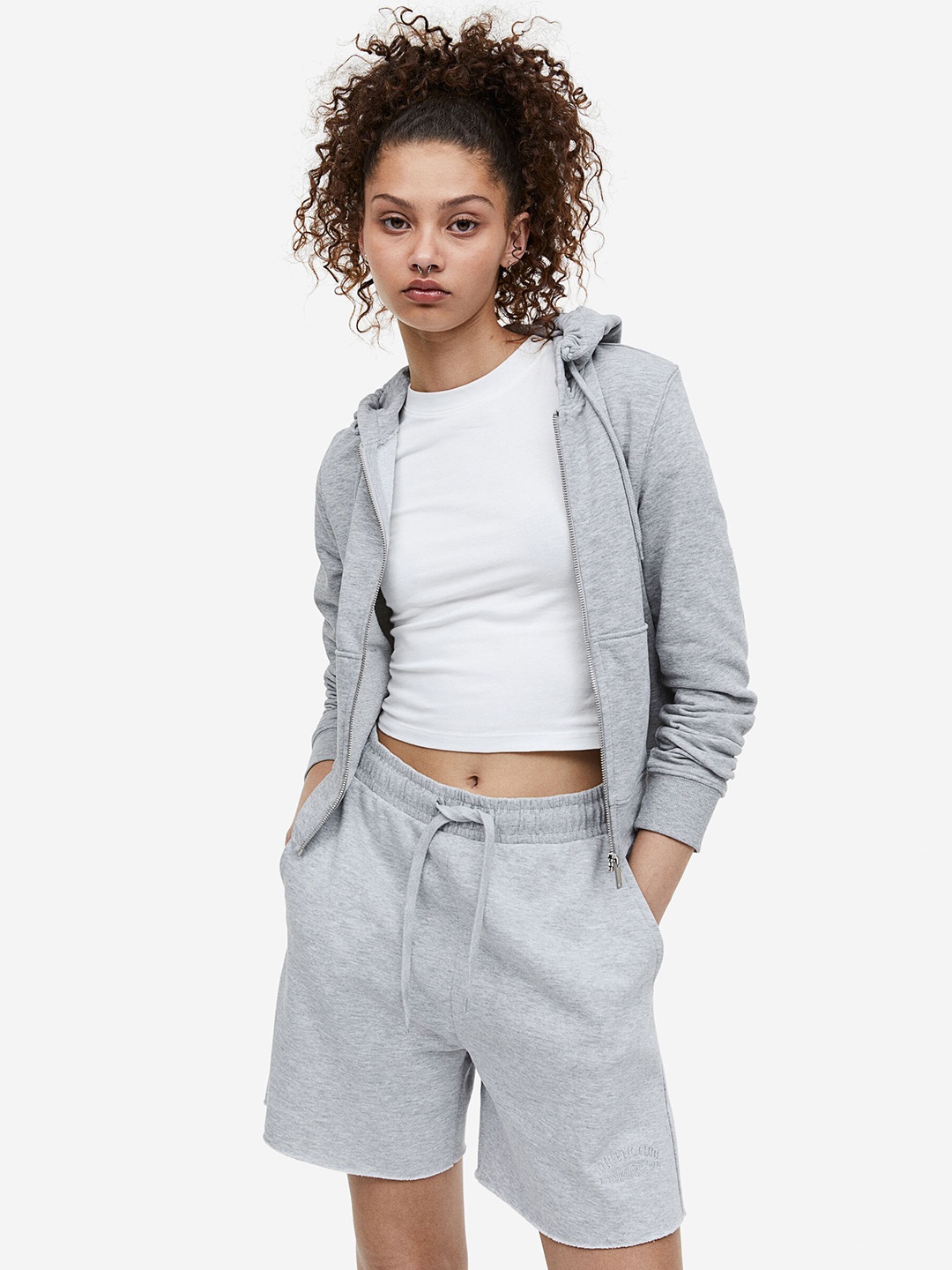 

H&M Women Embroidered Sweatshirt Shorts, Grey