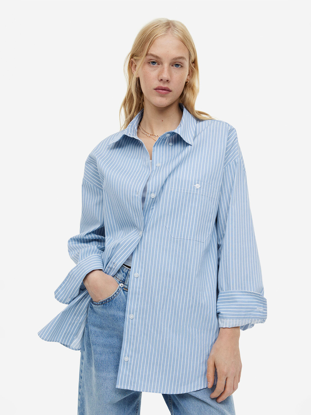 

H&M Women Oversized Cotton Poplin Shirt, Blue
