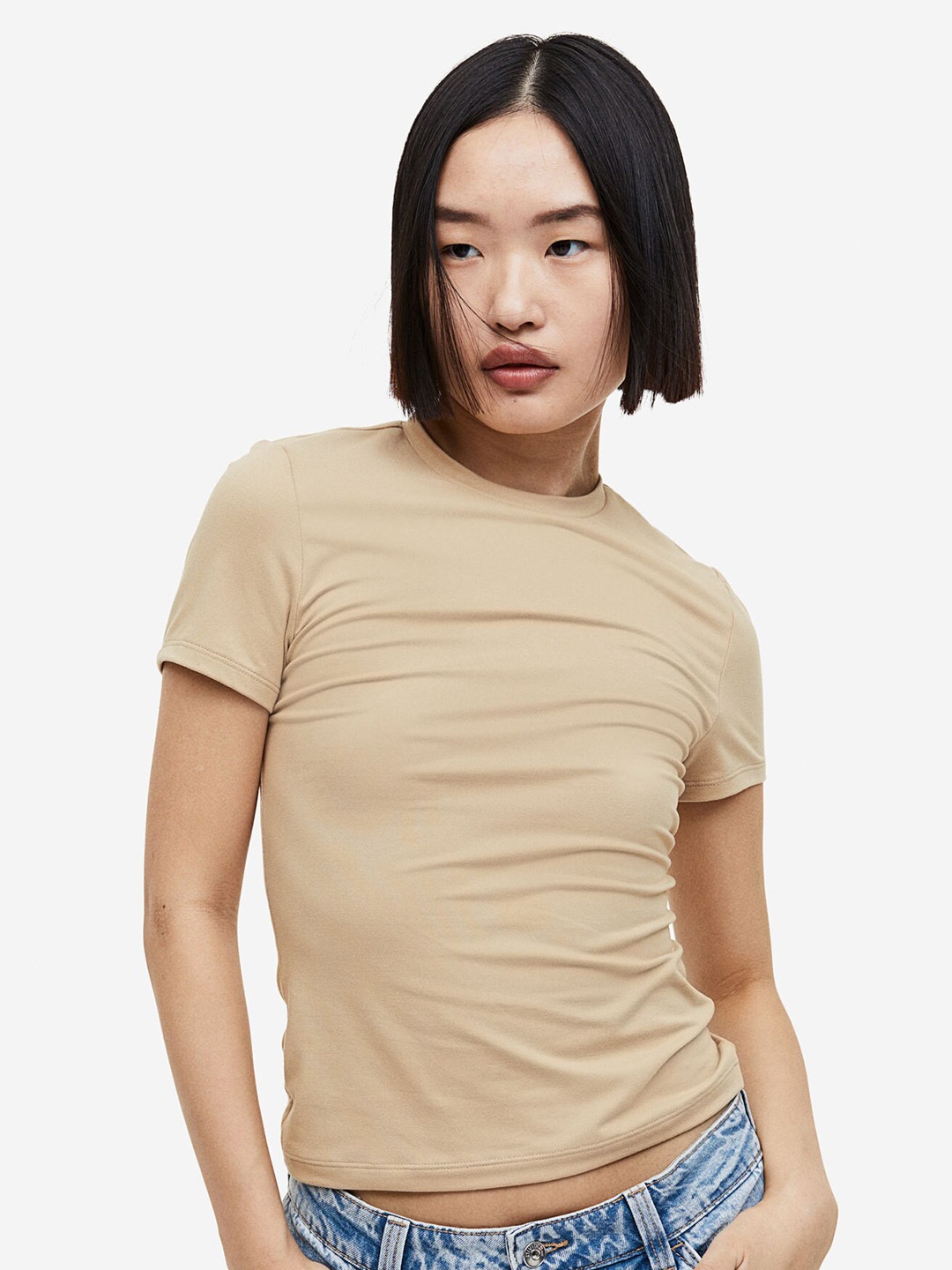 

H&M Women Fitted T-Shirt, Beige