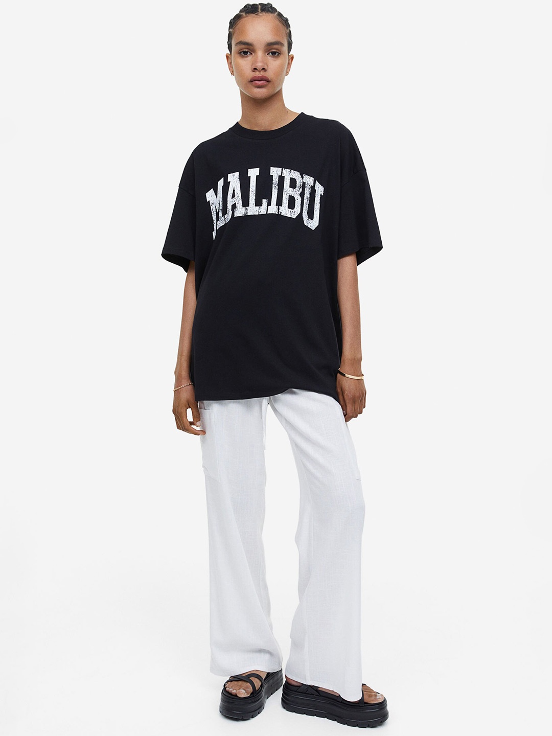 

H&M Oversized Printed Pure Cotton T-shirt, Black