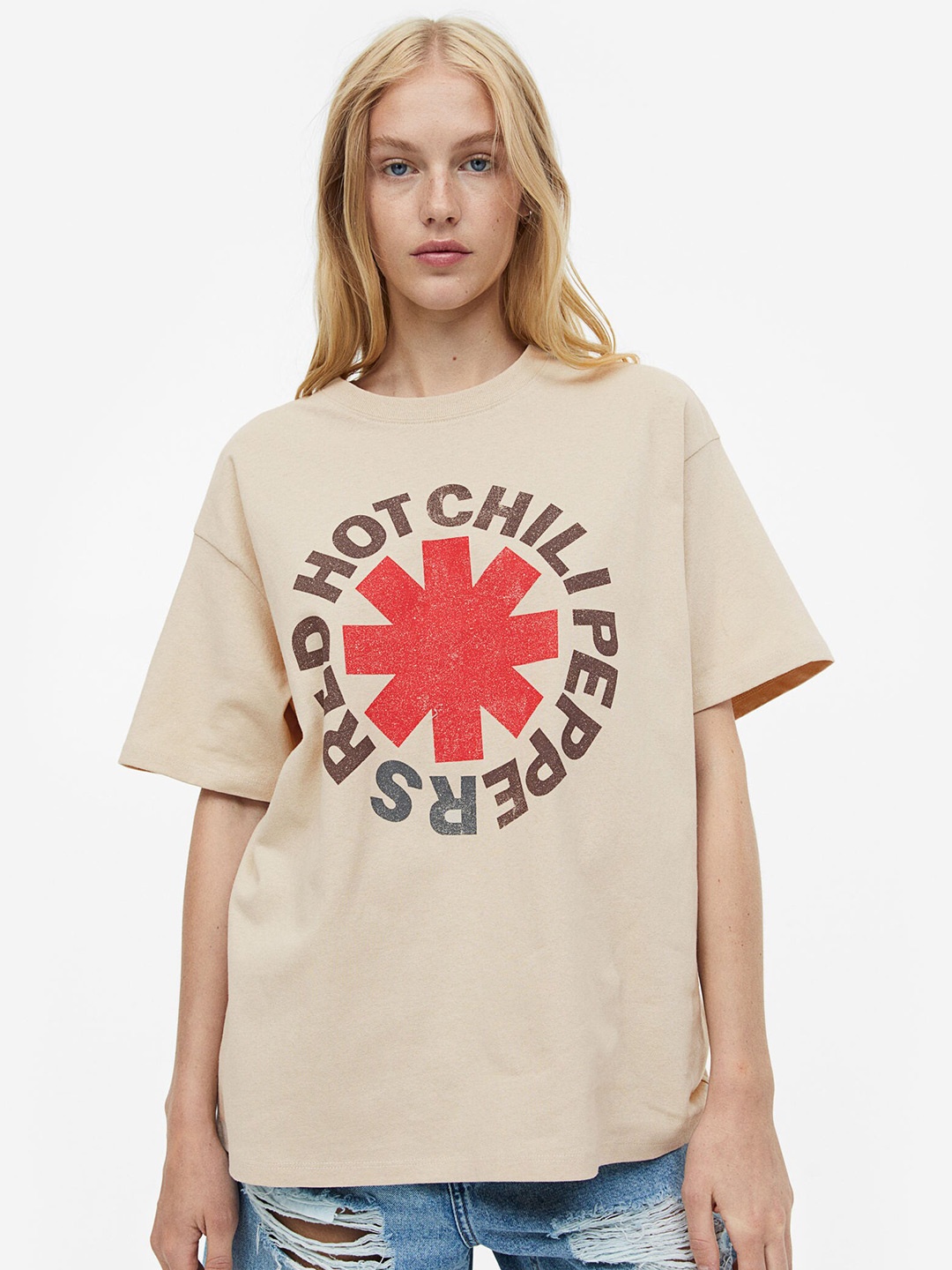 

H&M Oversized Printed Pure Cotton T-shirt, Beige