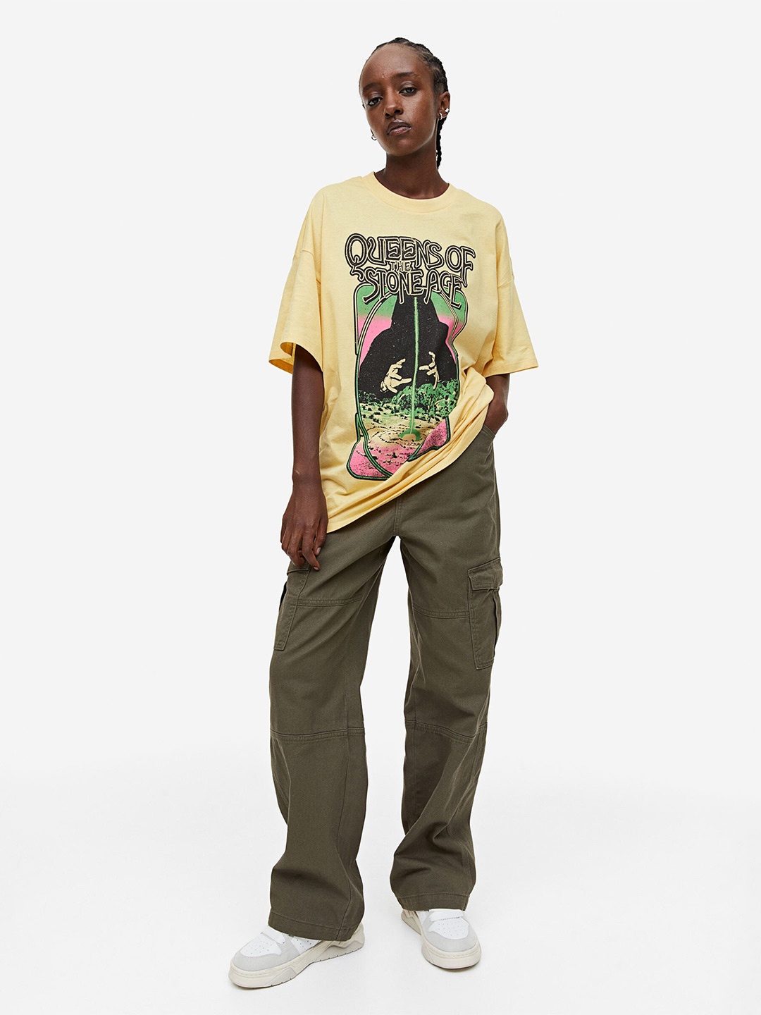 H&M Oversized Printed Pure Cotton T-shirt, Yellow