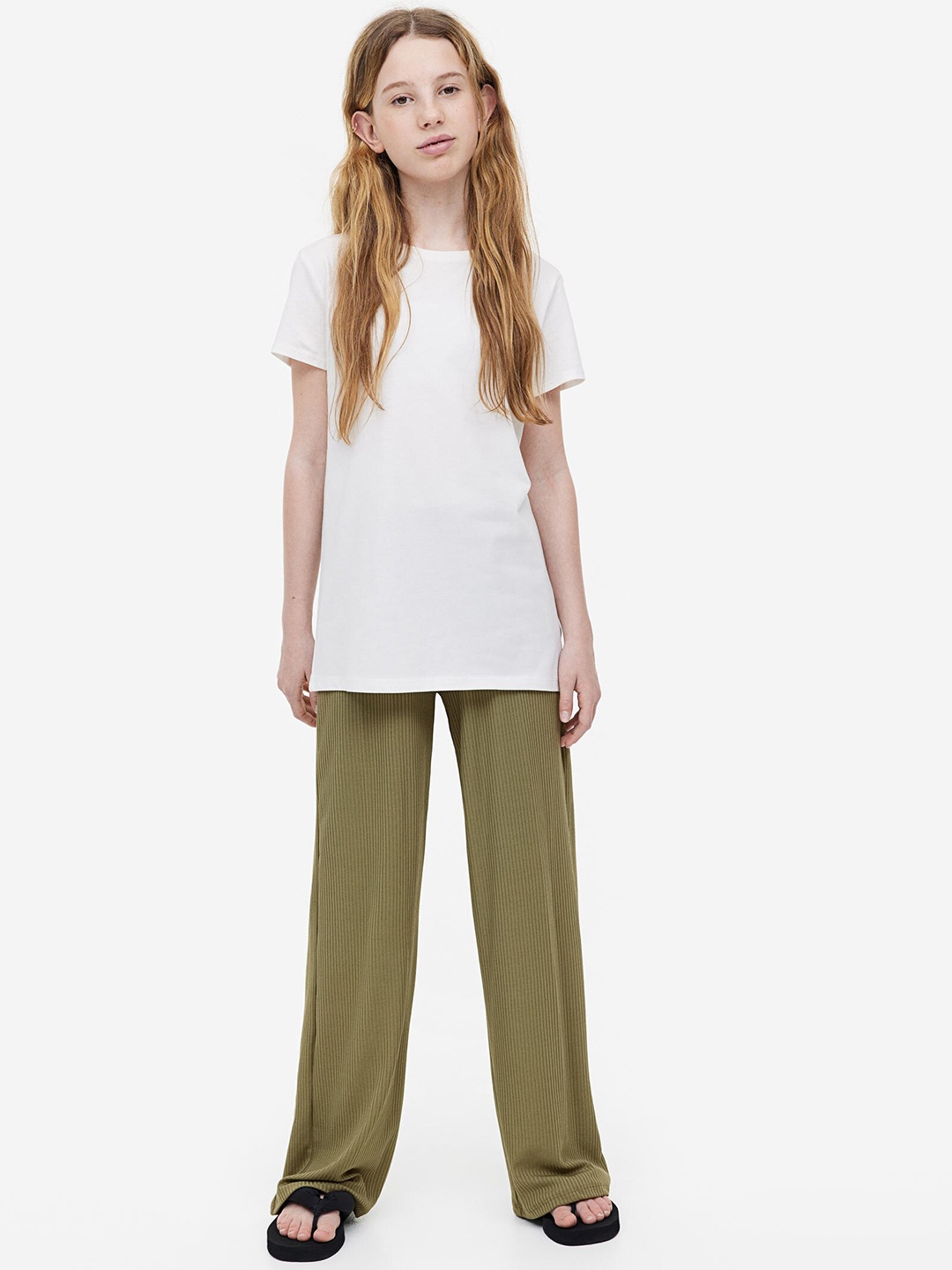 

H&M Girls Ribbed Trousers, Olive