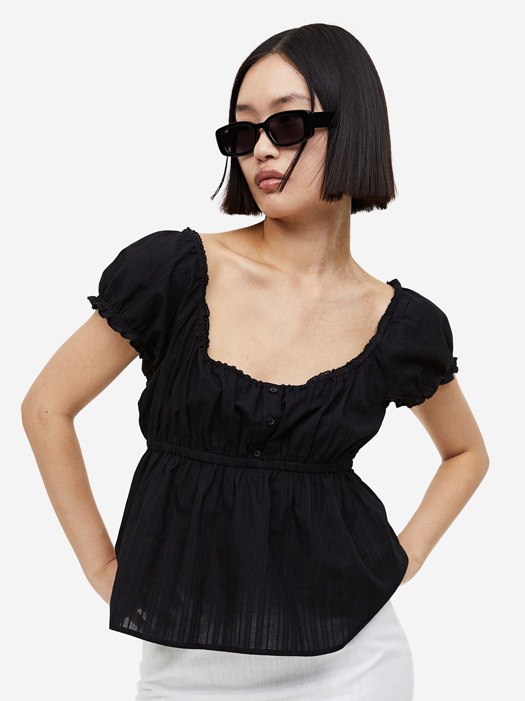 

H&M Pure Cotton Lace-Trimmed Button-Top Blouse, Black