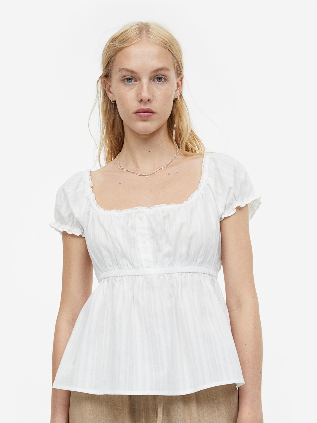 

H&M Lace-Trimmed Pure Cotton Button-Top Blouse, White