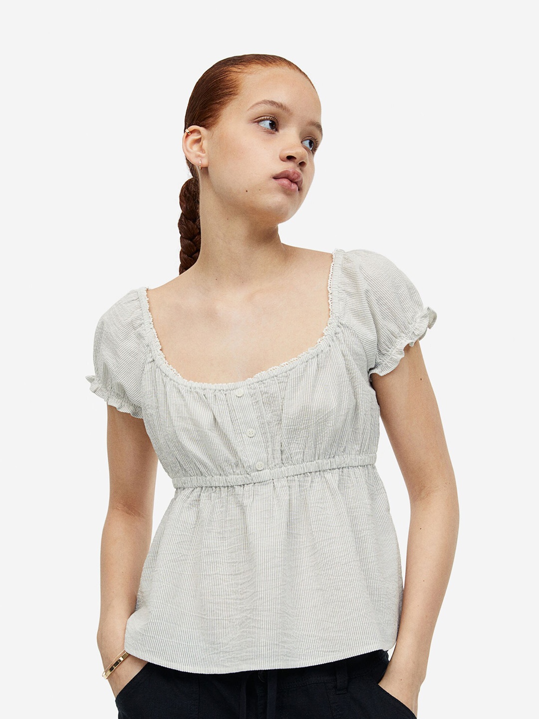 

H&M Lace-Trimmed Pure Cottton Button-Top Blouse, Grey