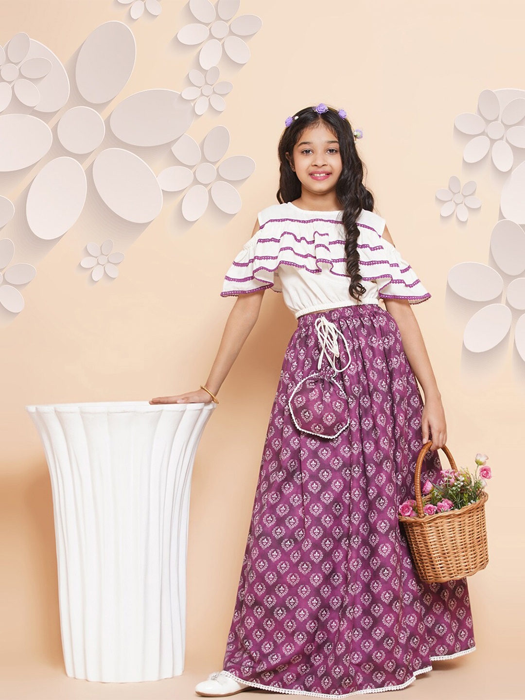 

Modish Couture Ready to Wear Cotton Crop Top And Lehenga With Potli Bag, Purple