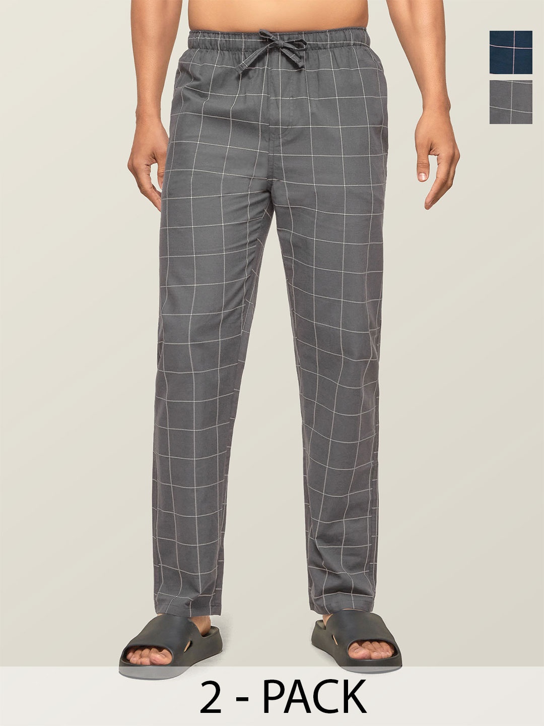 

XYXX Pack Of 2 Checked Anti-Microbial Cotton Lounge Pants, Navy blue