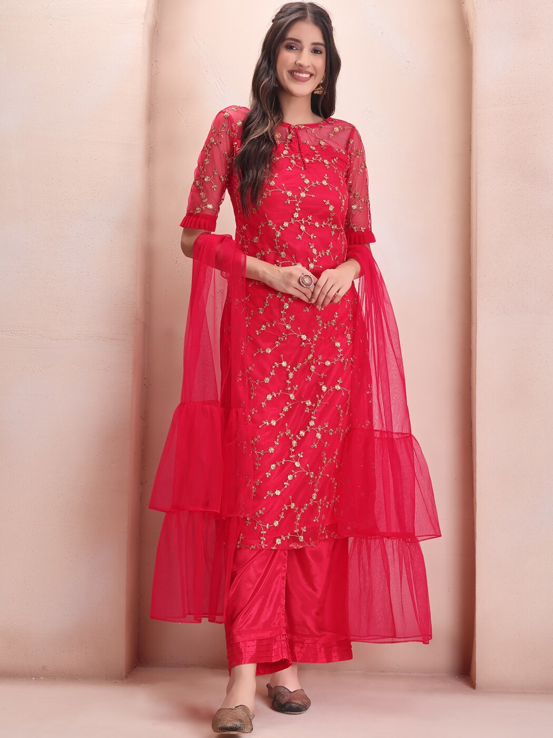 

Inddus Floral Embroidered Sequinned Regular Kurta with Palazzos & Dupatta, Pink