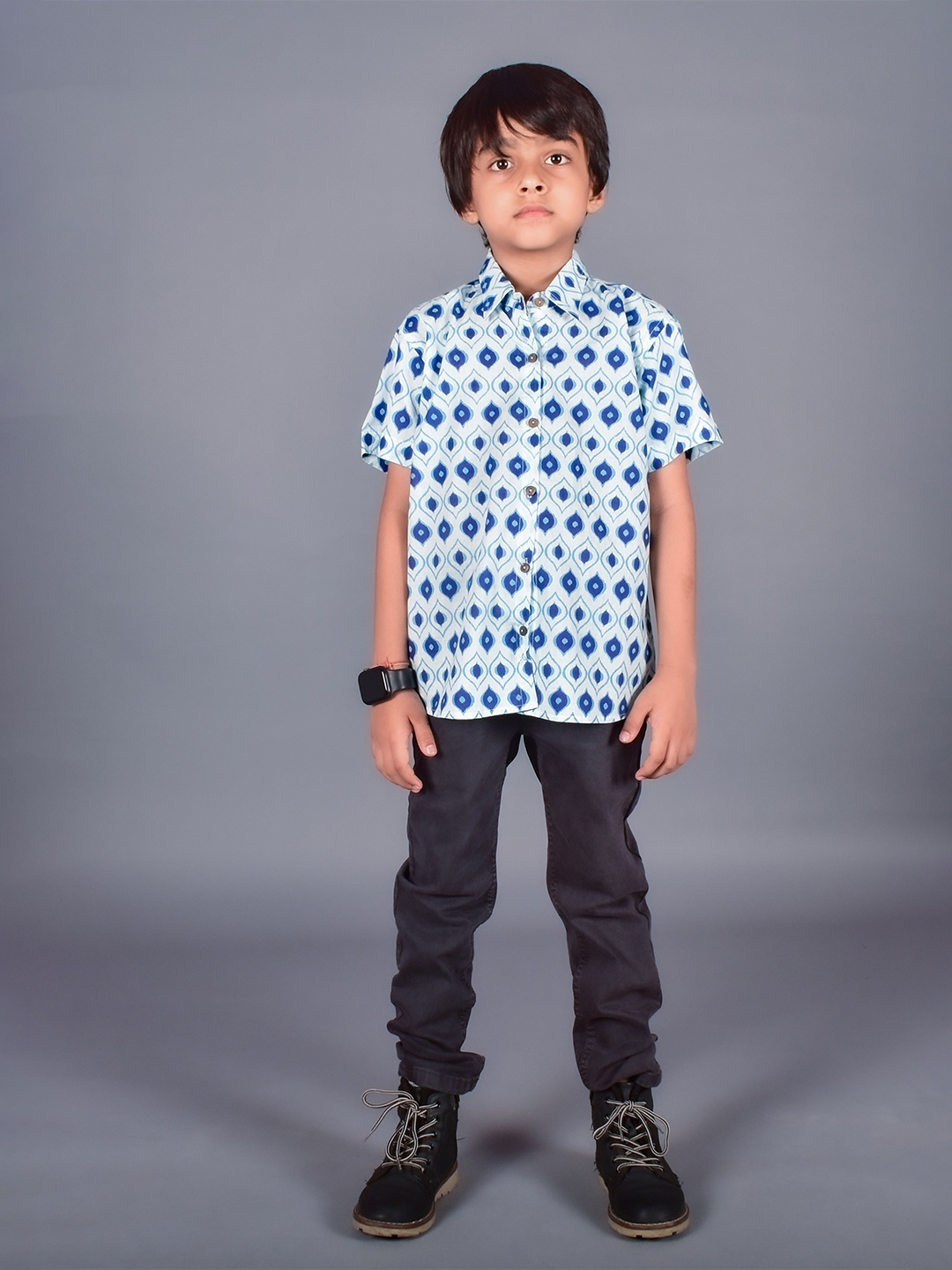 

misbis Boys Relaxed Regular Fit Ethnic Motifs Printed Pure Cotton Casual Shirt, Blue